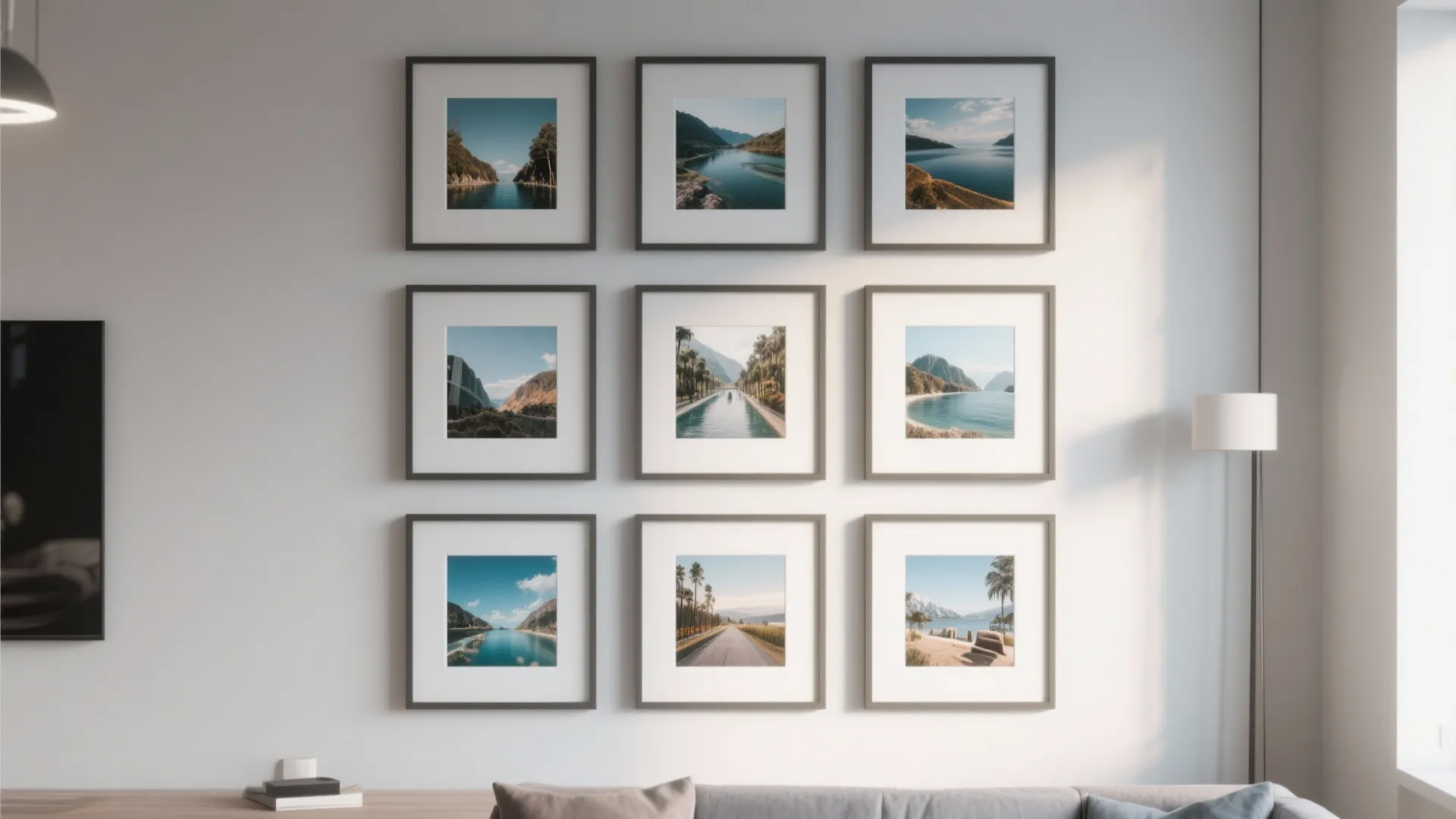 Minimalist living room showing nine square art frames in a grid on a white wall