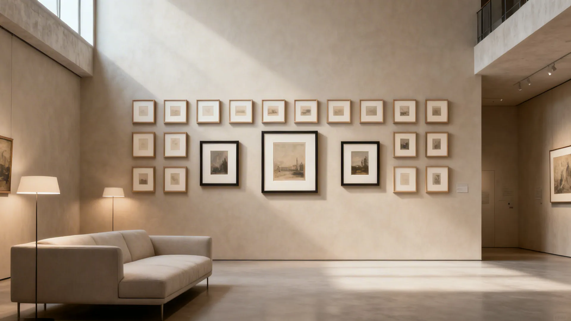Curated gallery grid of matching frames on a large living room wall with a calm, museum-like feel.