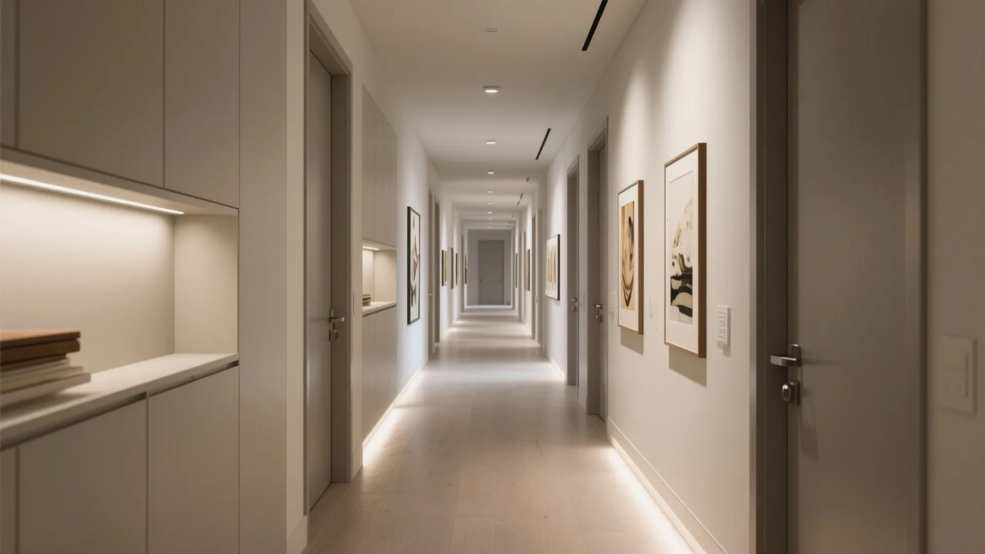Gallery Hallway with Built-Ins and Art Niches