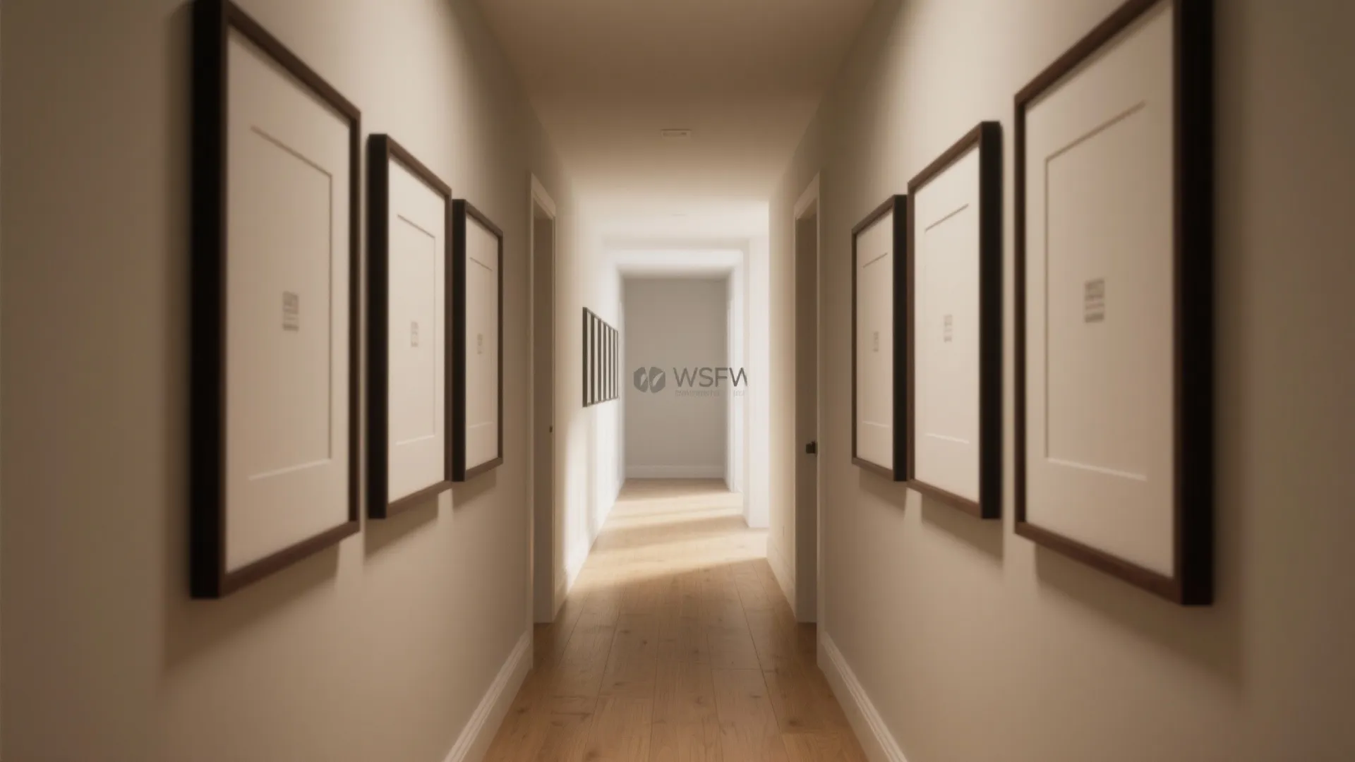 Long hallway with wooden floors and picture frames on walls under bright warm indoor light