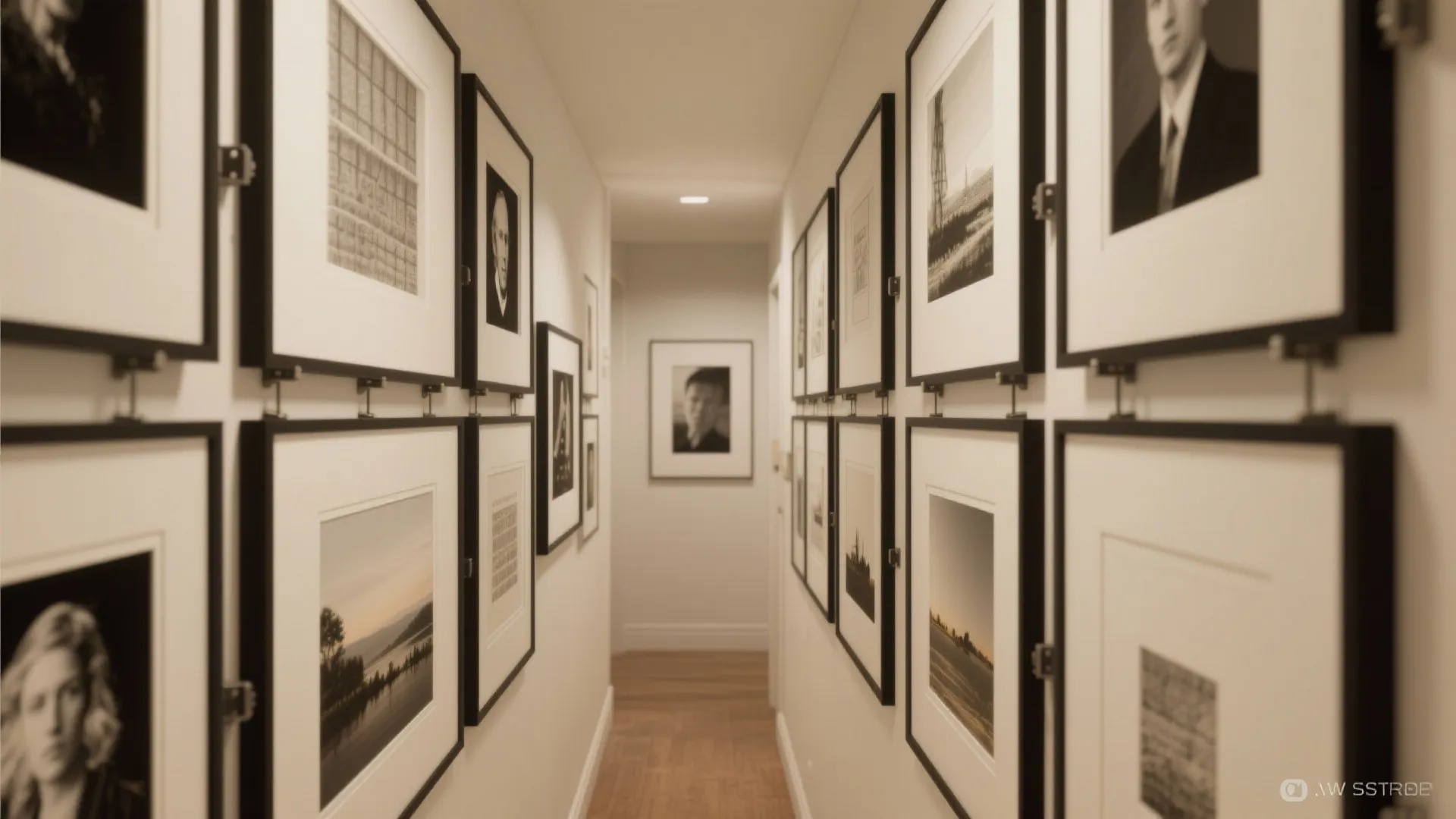 Narrow hallway with a cohesive grid gallery wall kit of matte black frames and white mats.