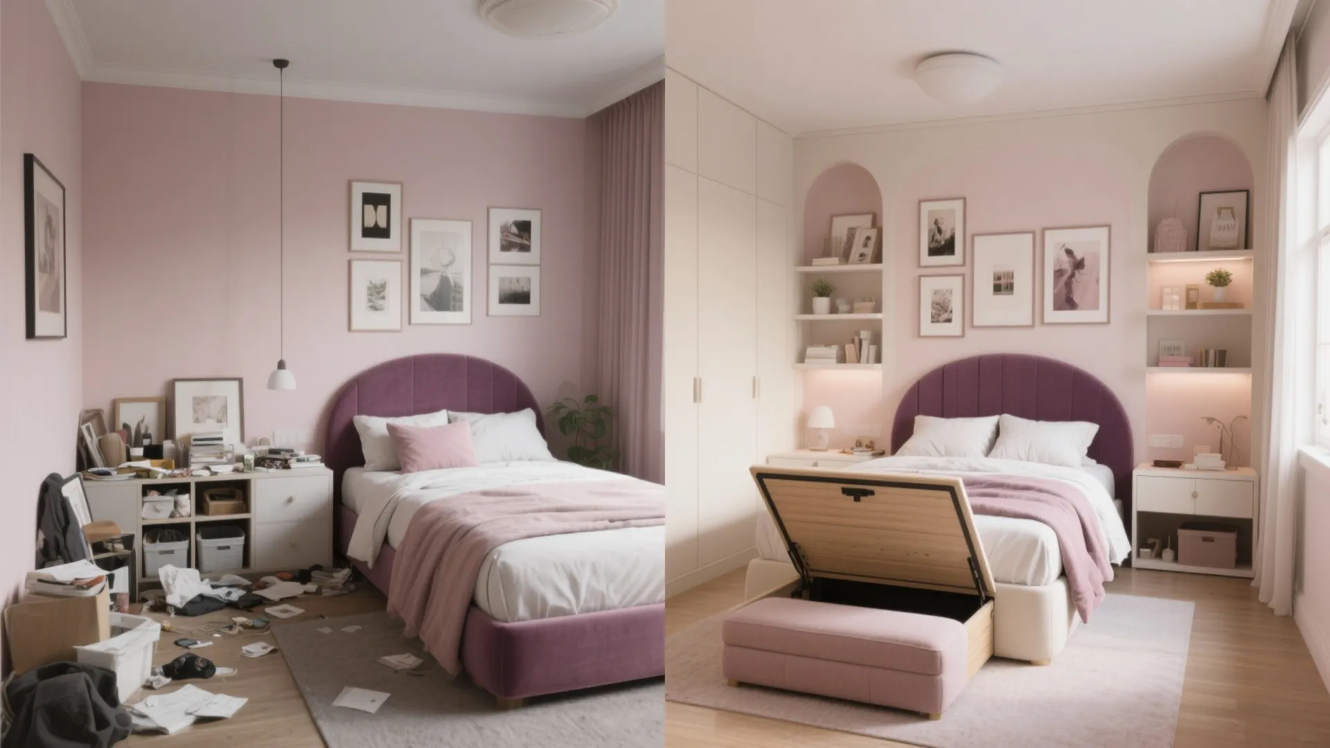 Before and after comparison of a messy bedroom versus a clean organized room with storage