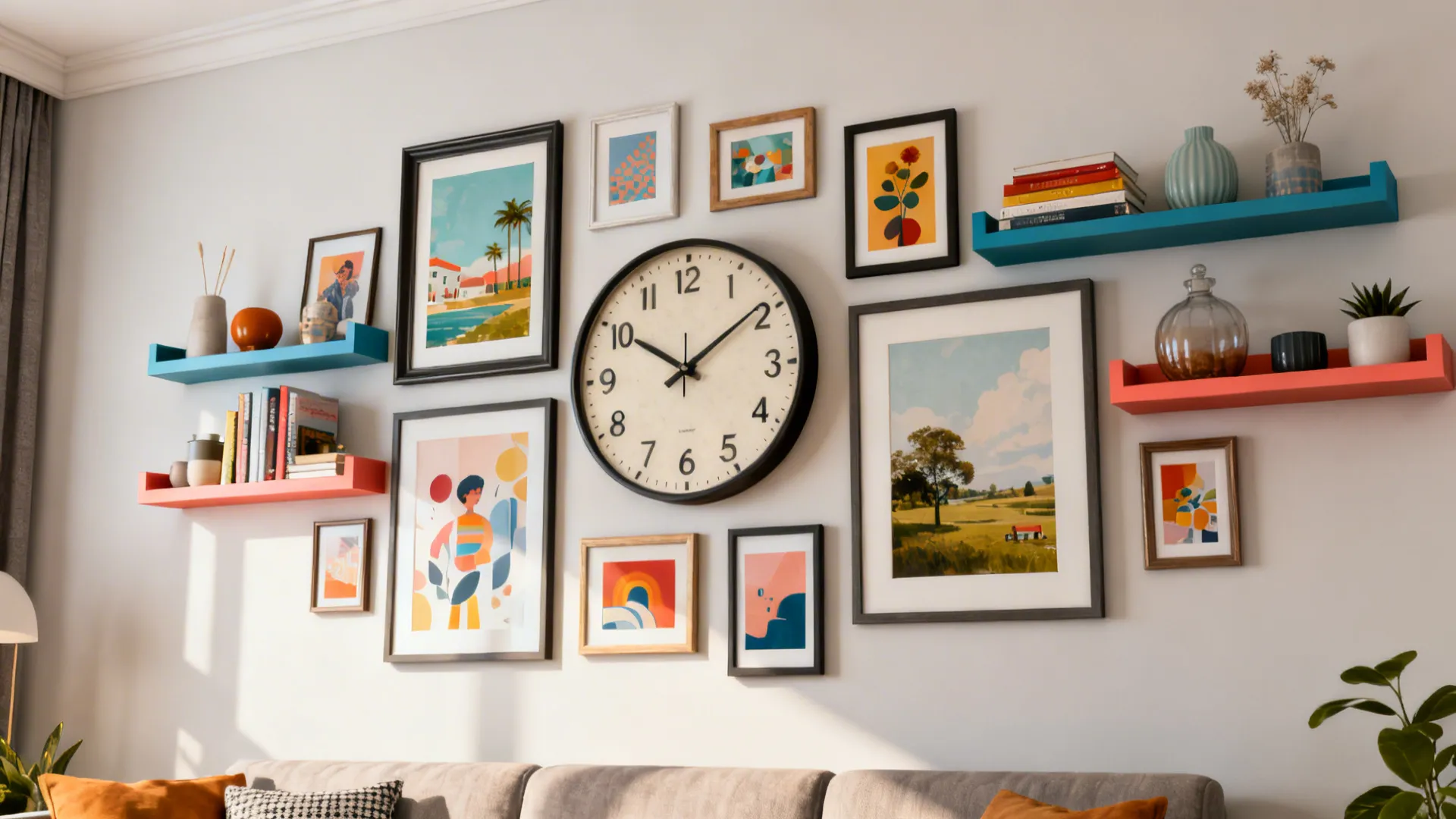 Gallery wall with round clock framed art colorful shelves above sofa and bright indoor plant
