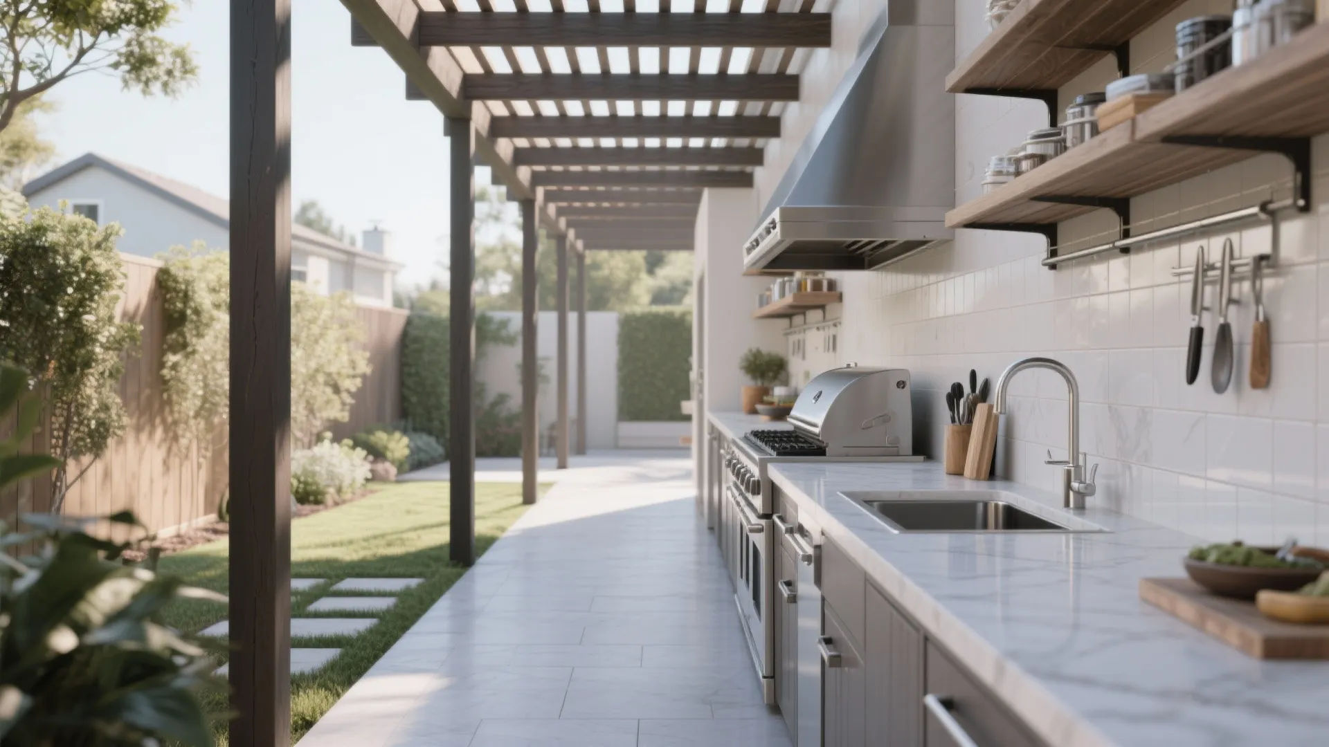 4. Gallery Kitchen with Overhead Storage — Great for long, narrow yards