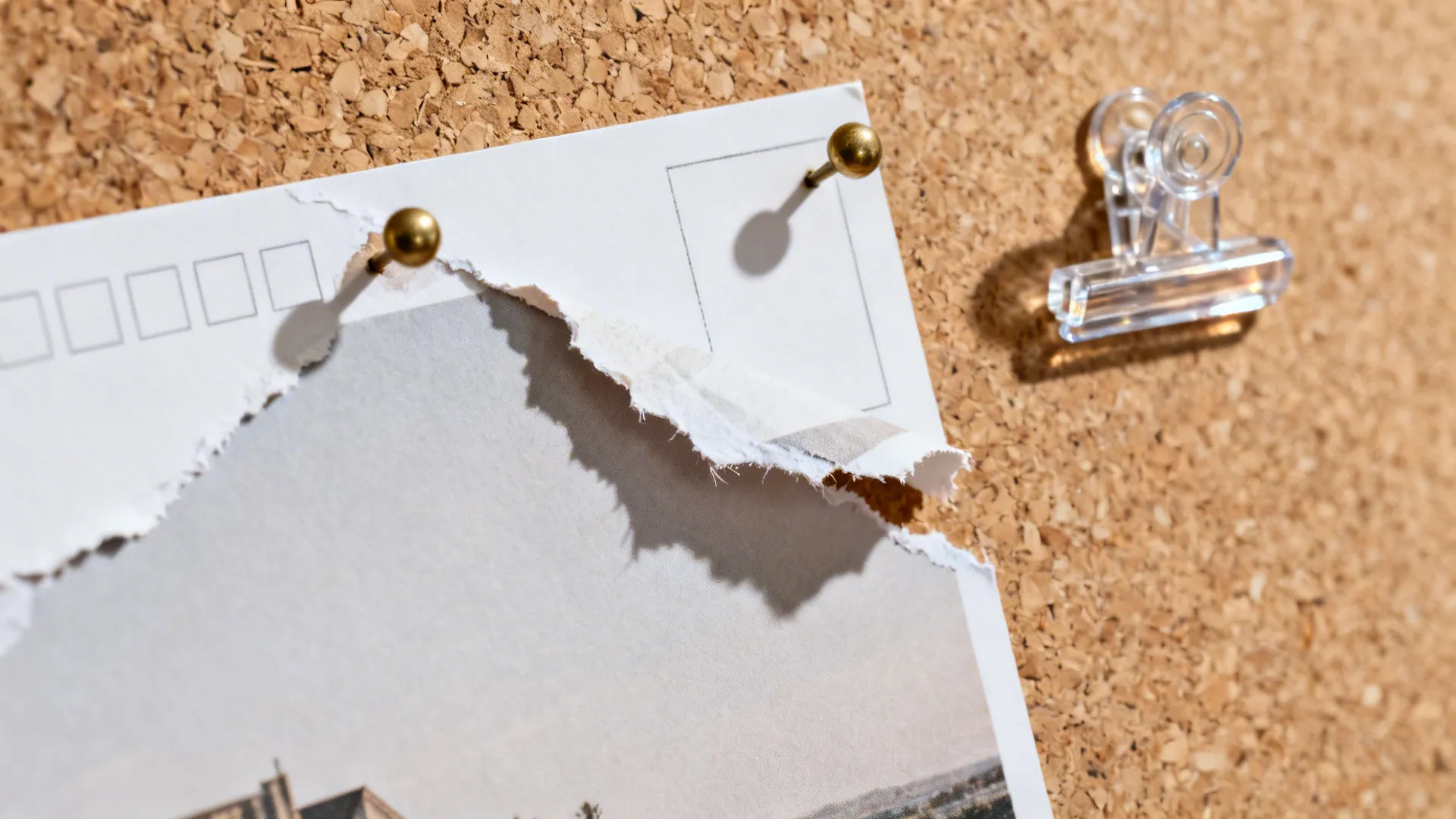 Close-up of a cork board with torn white paper pinned by two gold push pins