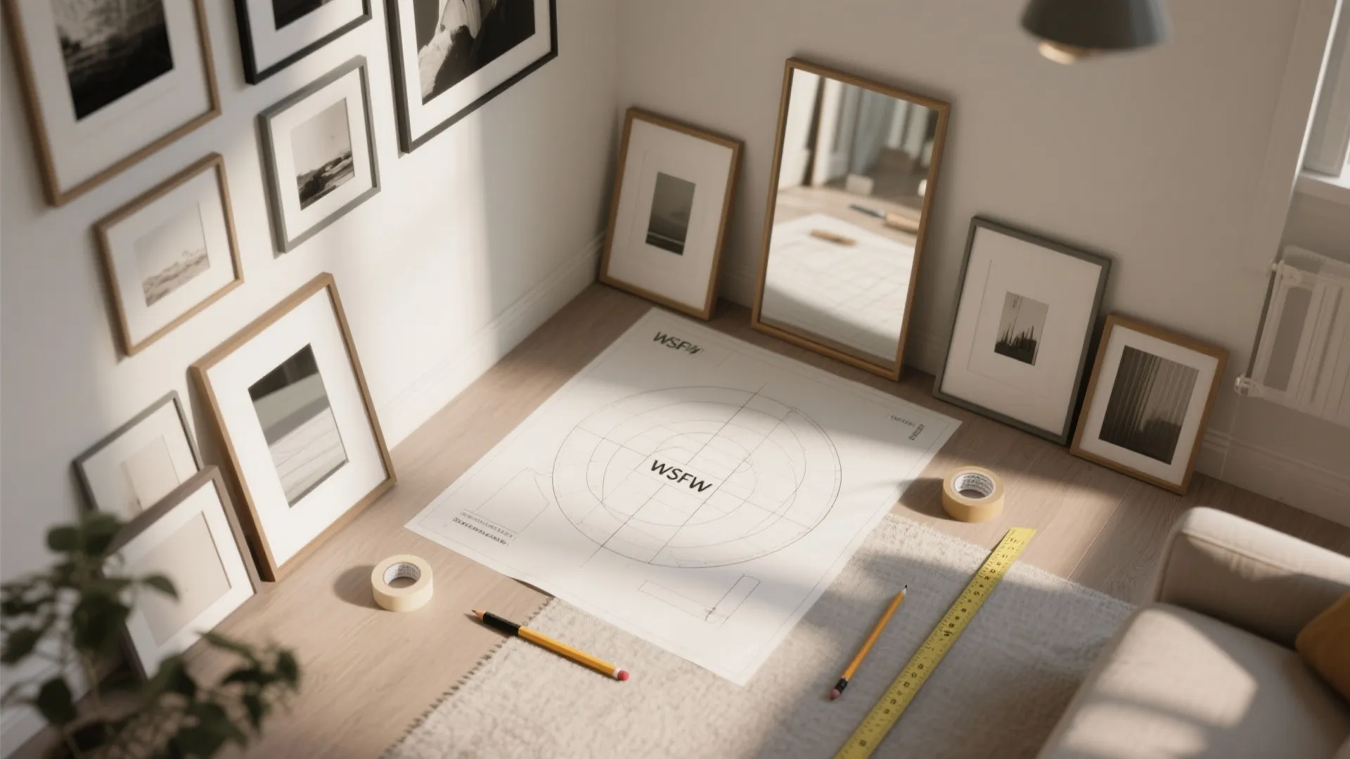 Interior design drawing on wooden floor surrounded by many picture frames and home decor tools