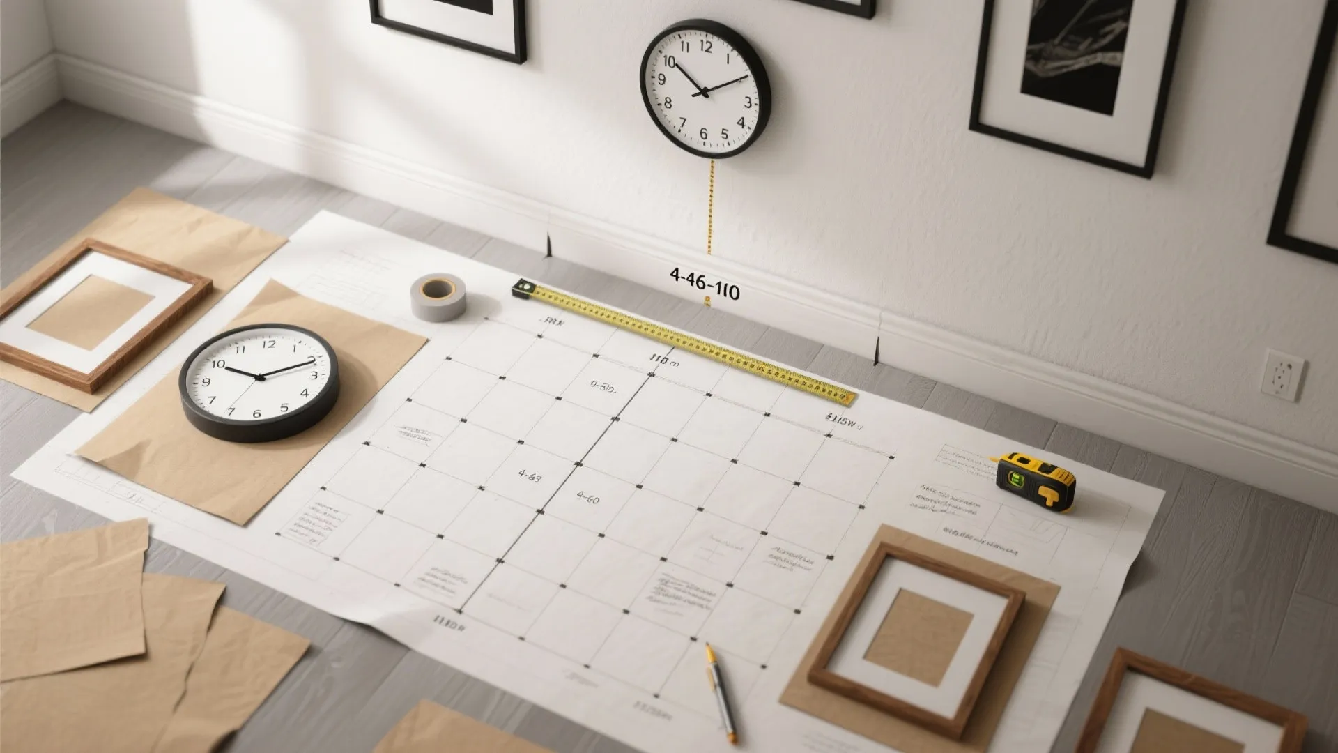 Interior design floor plan on floor with black wall clock measuring tape and picture frames