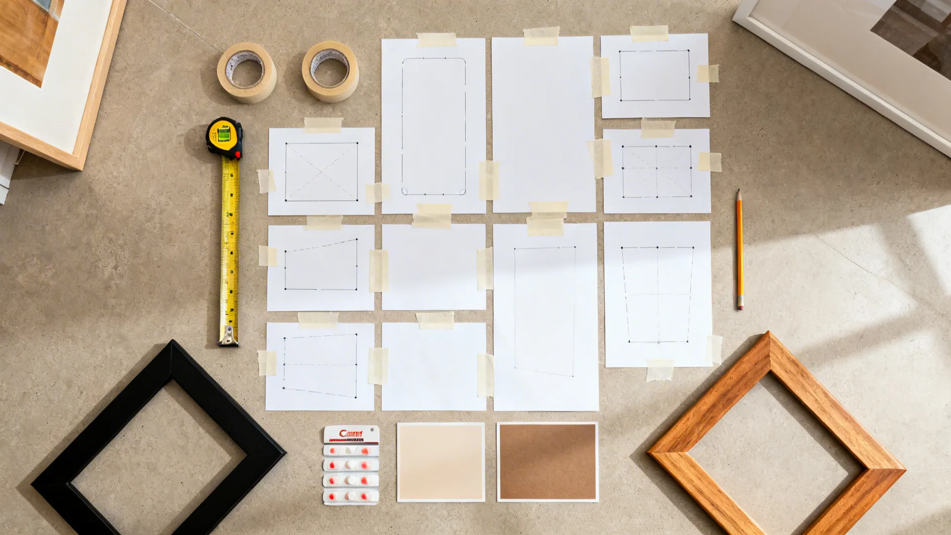 Top-down layout with paper templates, level, and command strips for planning a gallery wall.