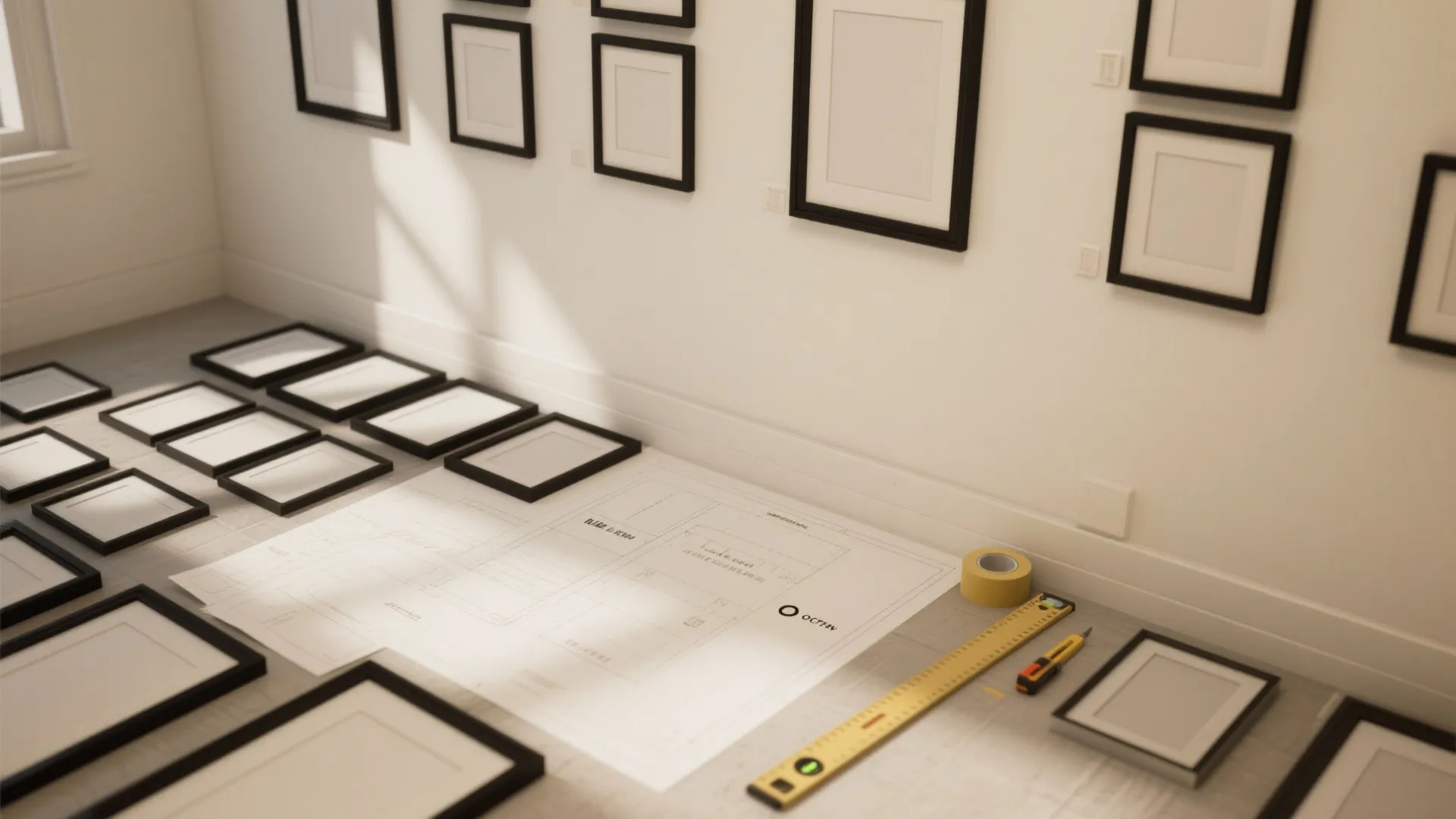 Top-down layout of frames, templates, level, and tape arranged for planning a modular gallery wall.