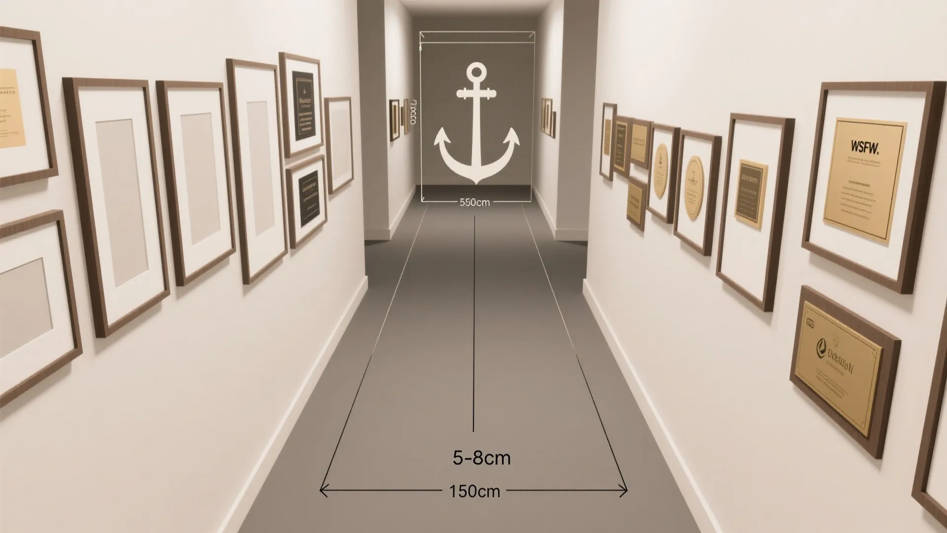 Top-down layout showing anchor line and consistent spacing for a hallway gallery of plaques.