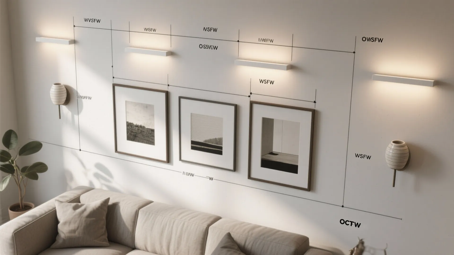 Top-down plan showing ceramic sconce spacing and beam spreads for a gallery wall.