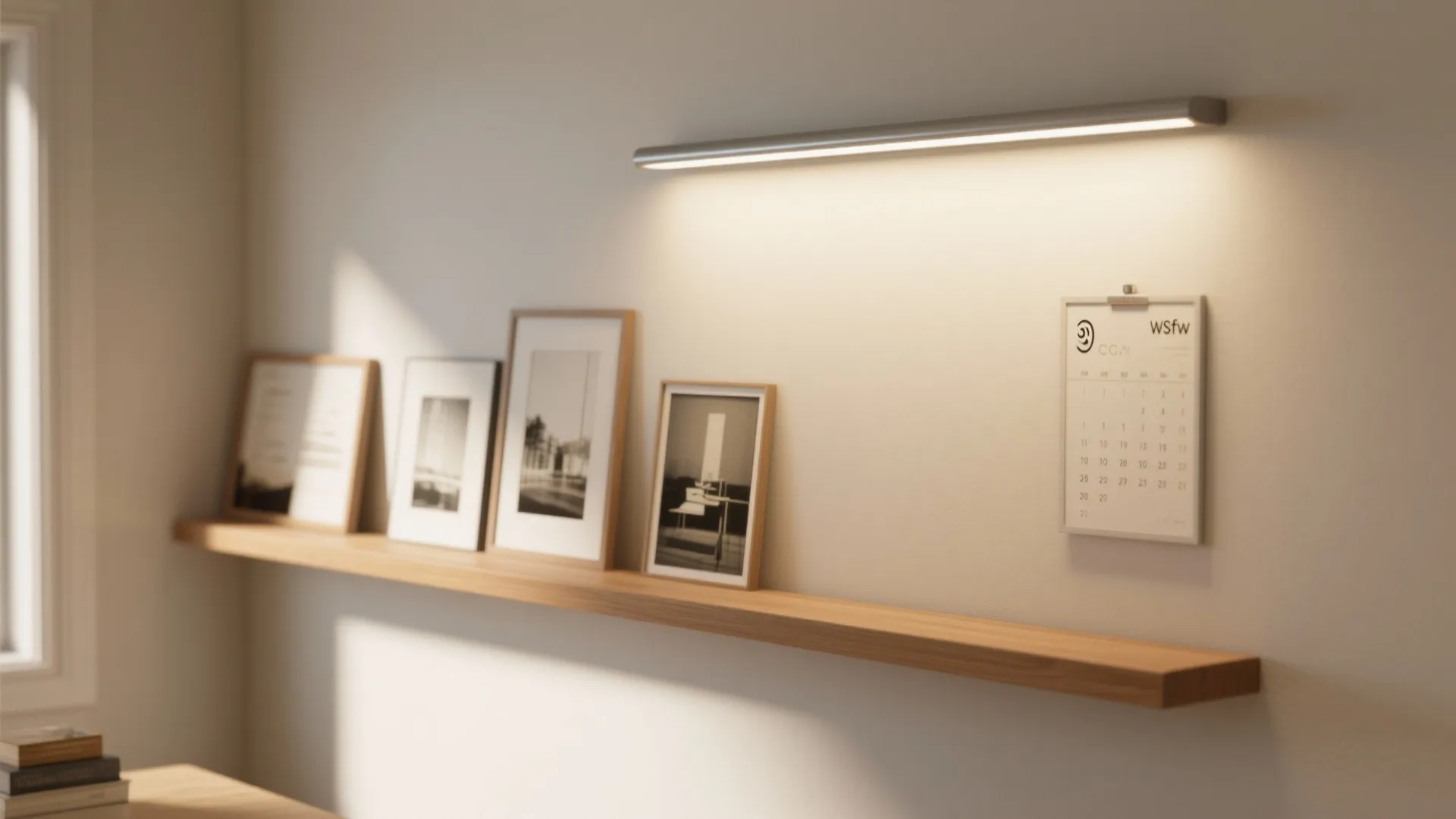 Modern wooden floating shelf with picture frames under a warm horizontal wall light and calendar
