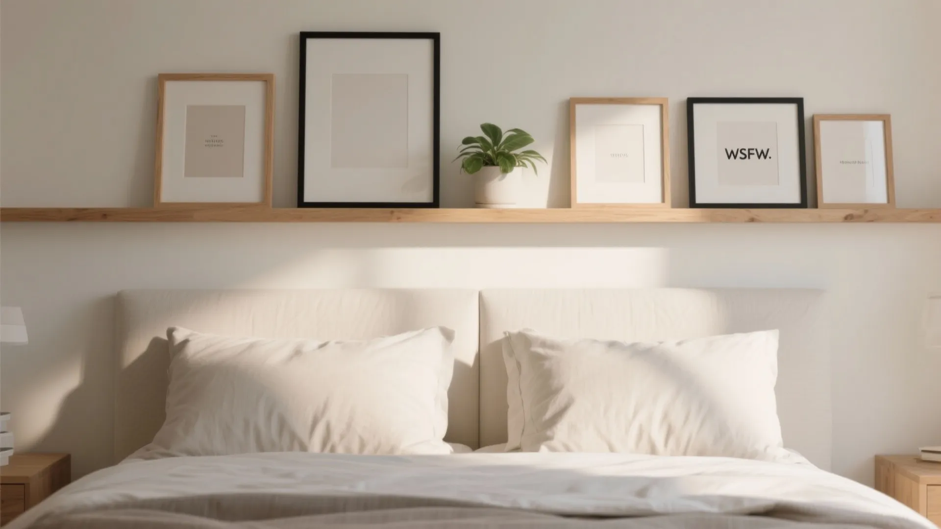 Gallery Wall with Integrated Ledge Above the Bed