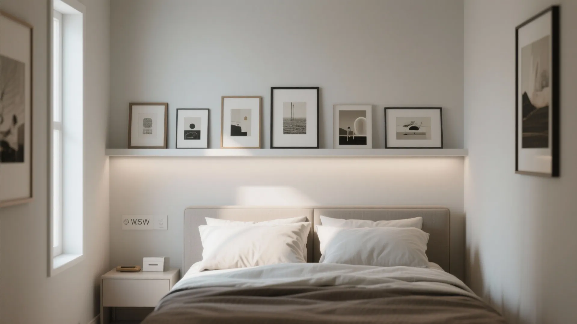 Narrow painted gallery band above a bed with a floating picture ledge displaying cohesive framed art.