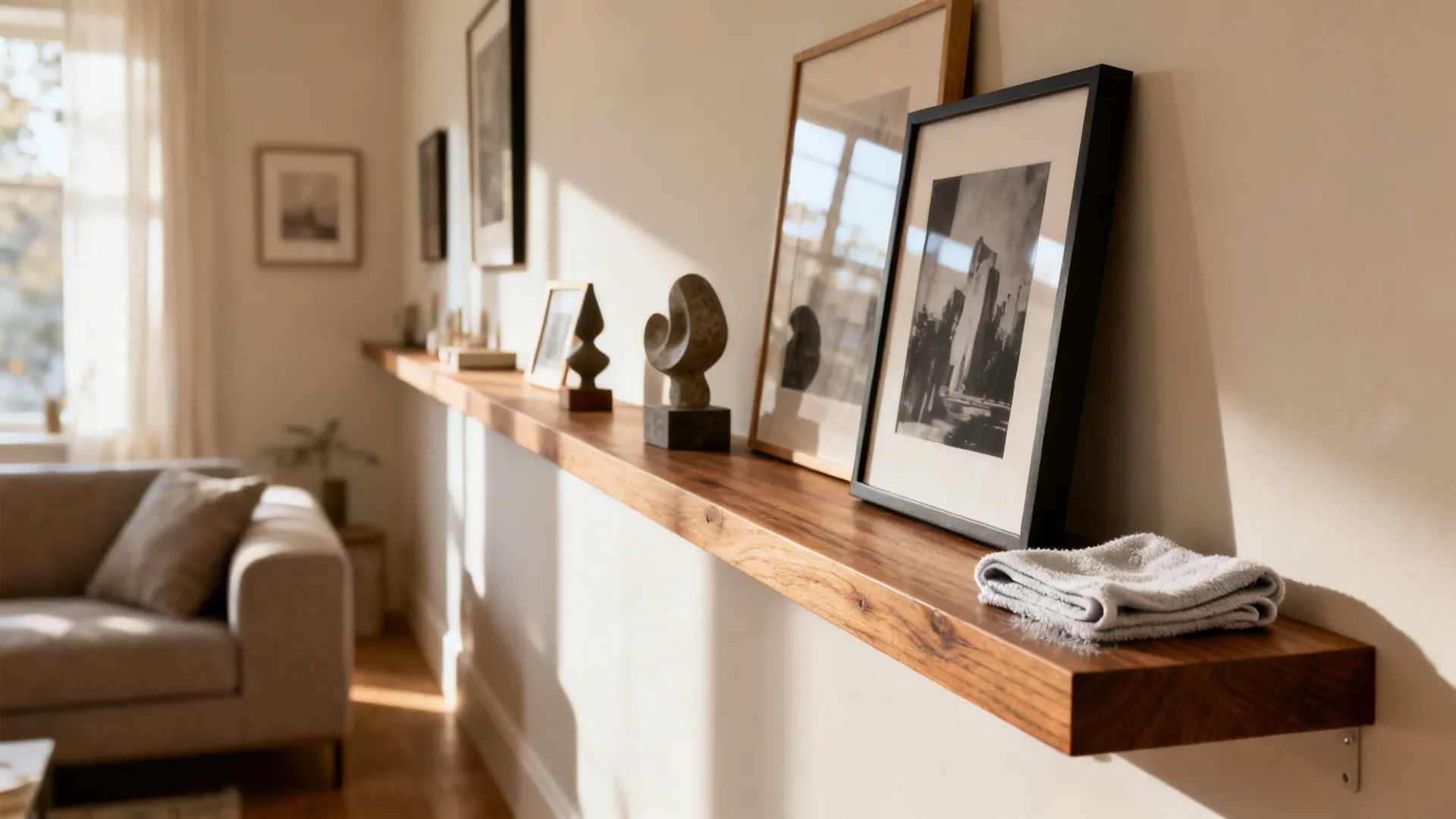 Gallery ledge with layered floating frames and small sculptures in a cozy living room.