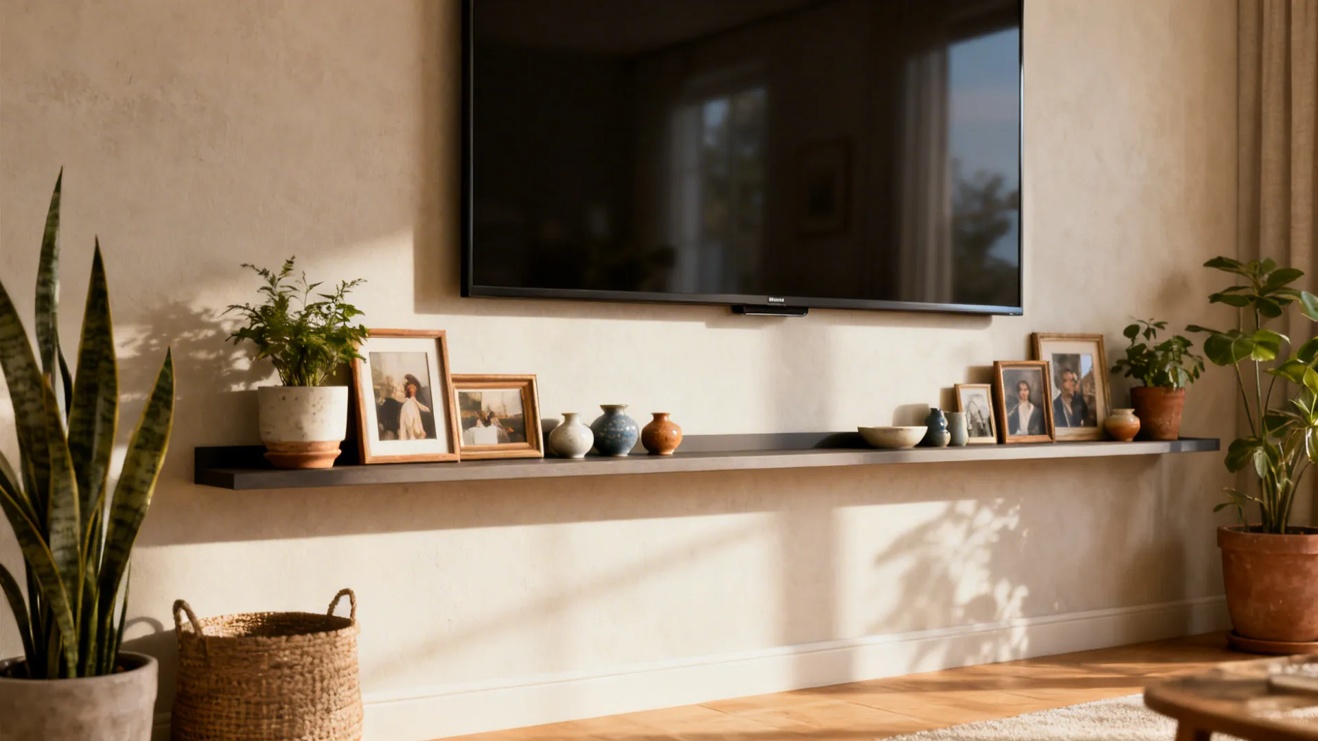 TV wall with a gallery ledge displaying art, plants, and ceramics for a cozy look