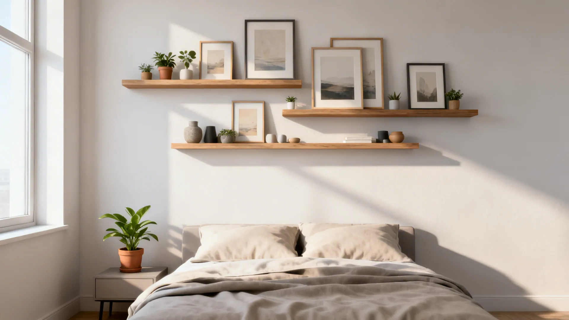 Bedroom wall with floating gallery ledges displaying layered frames and small plants above the bed.