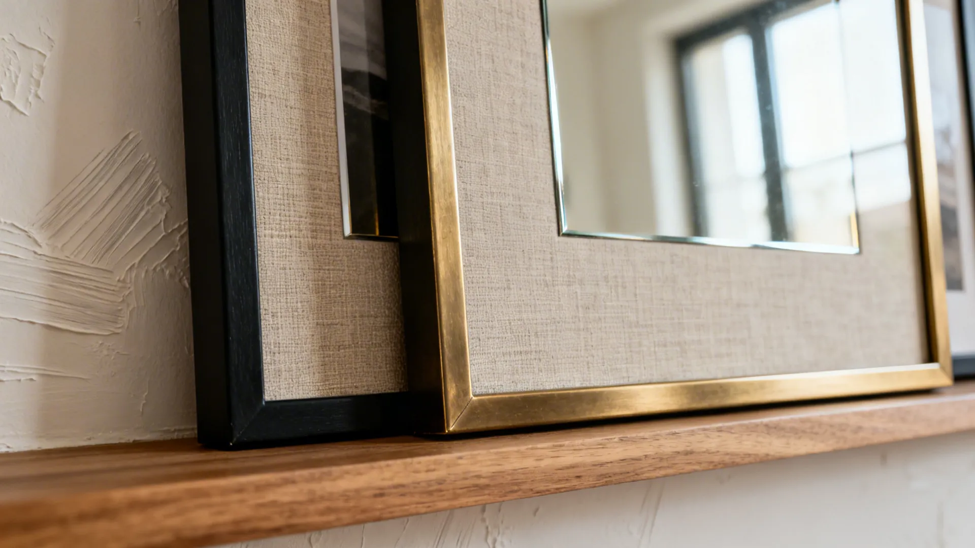 Close-up of layered art frames on an oak picture ledge with a mirror edge catching soft light.