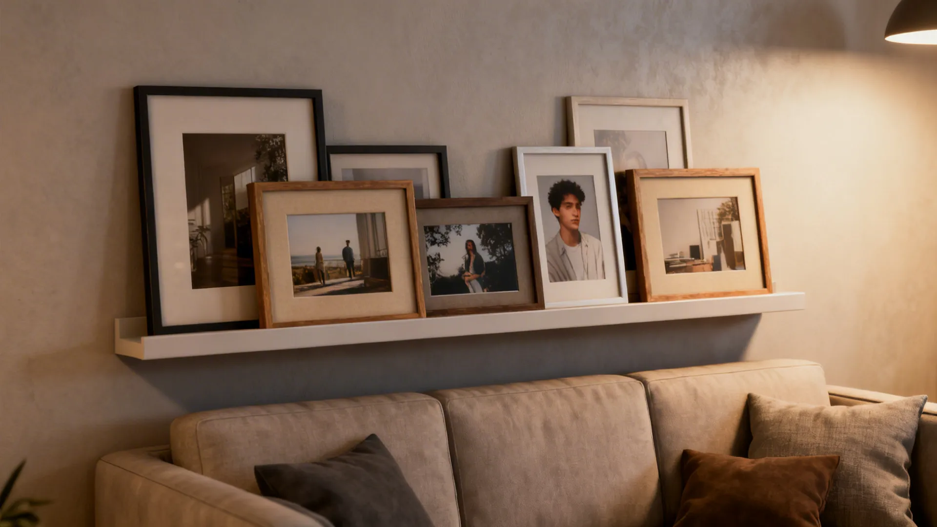 Gallery ledge with inexpensive framed photos and prints above a sofa as a low-cost art solution.