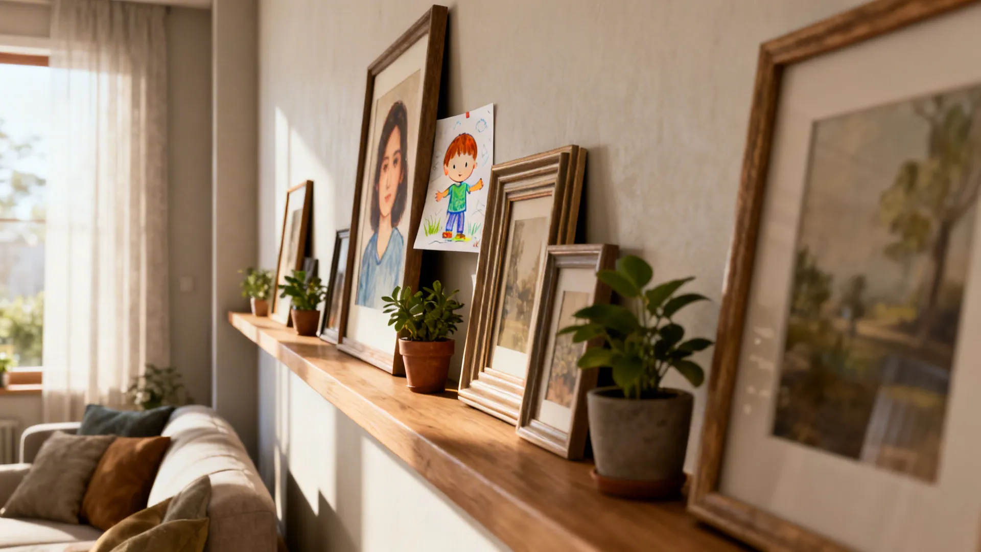 Slim gallery ledge with mixed-size frames, small plants and a child's drawing in a narrow living room.