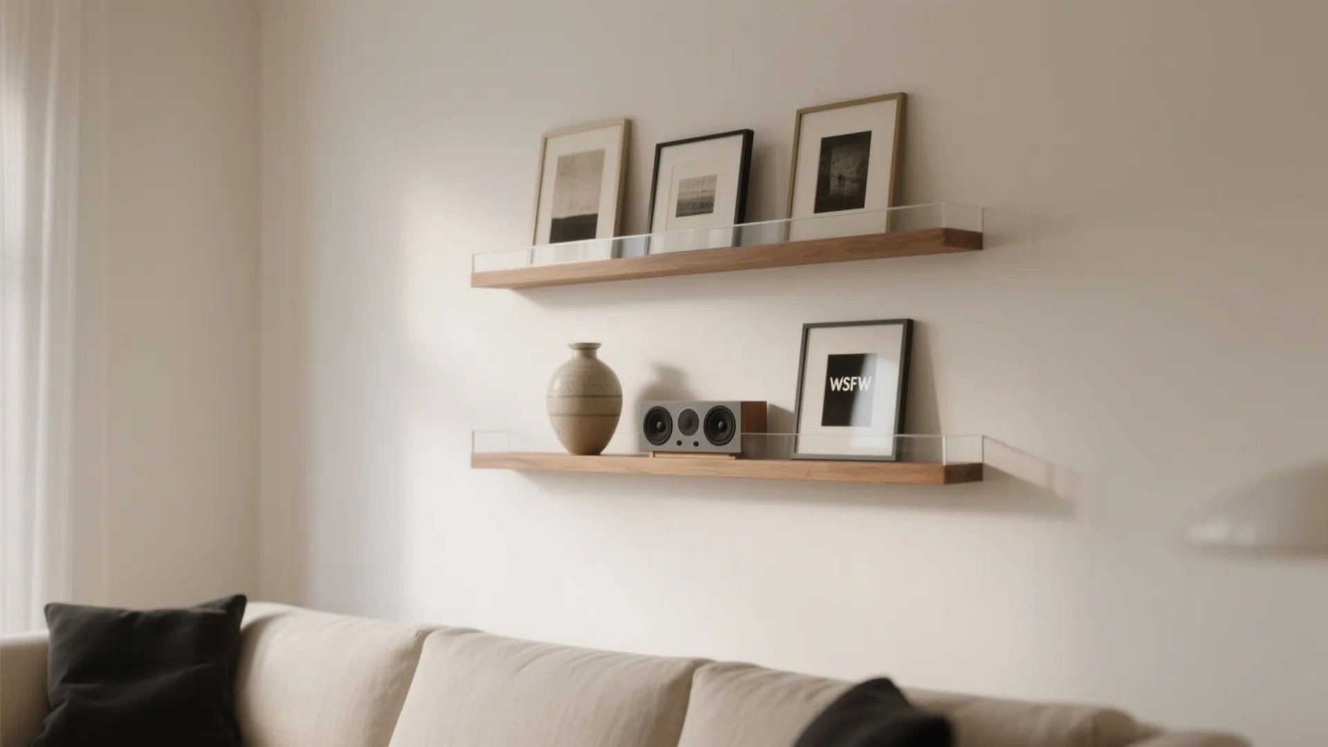Two wooden wall shelves displaying framed pictures a small speaker and a vase above a sofa