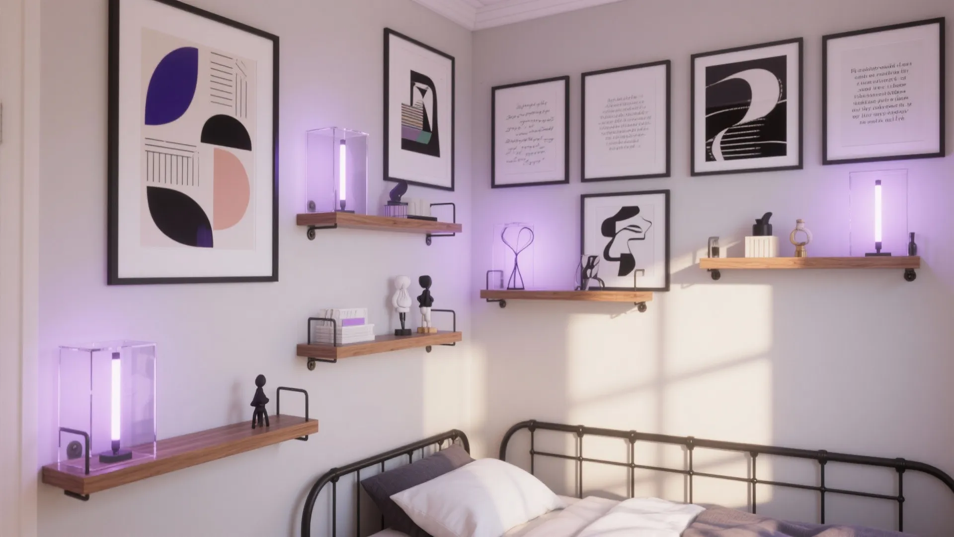 Floating ledges and framed abstract prints arranged neatly on a small bedroom wall with purple accents