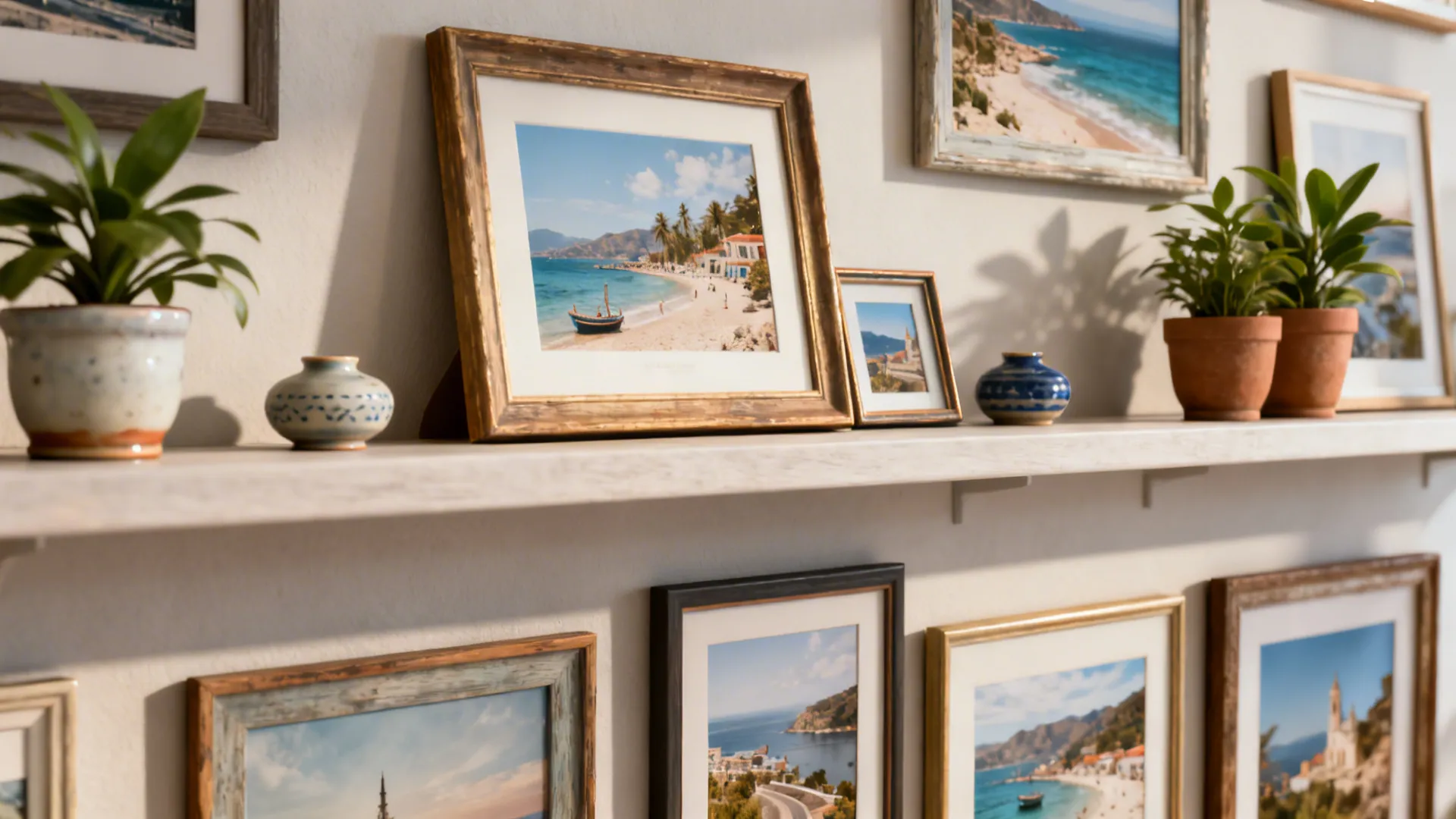 Gallery ledges with layered framed photos, small ceramics, and plants arranged in a curated display.