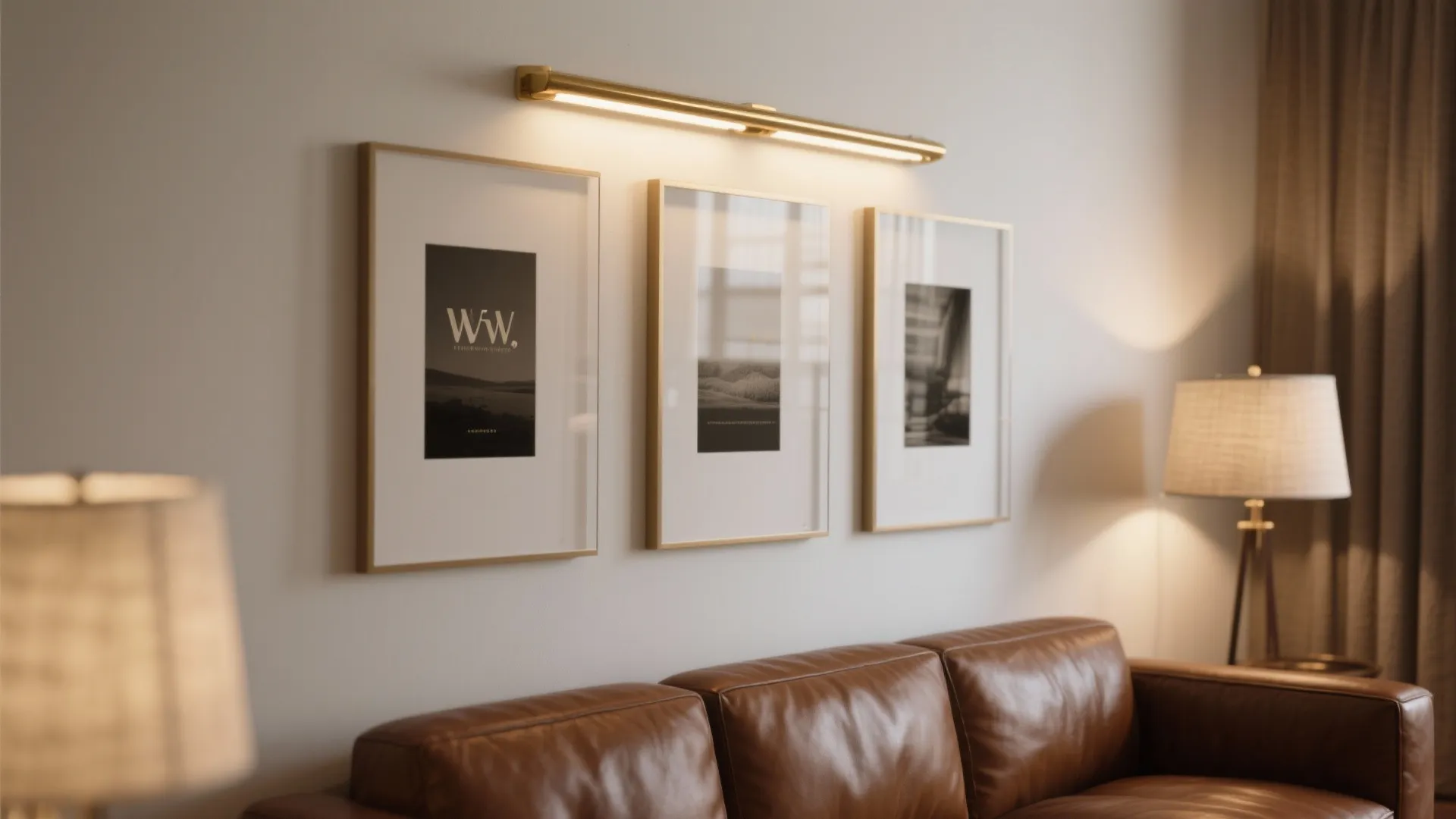 Art and layered lighting to balance a heavy sofa