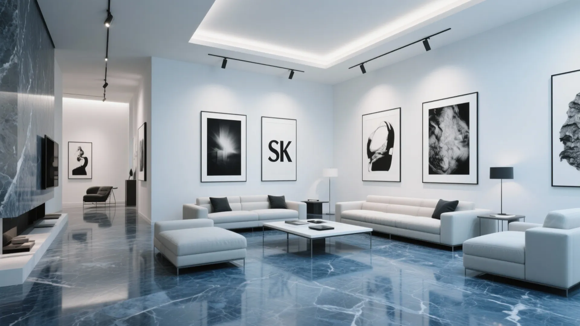 Modern gallery living room with blue marble floor white sofas framed art and track lighting