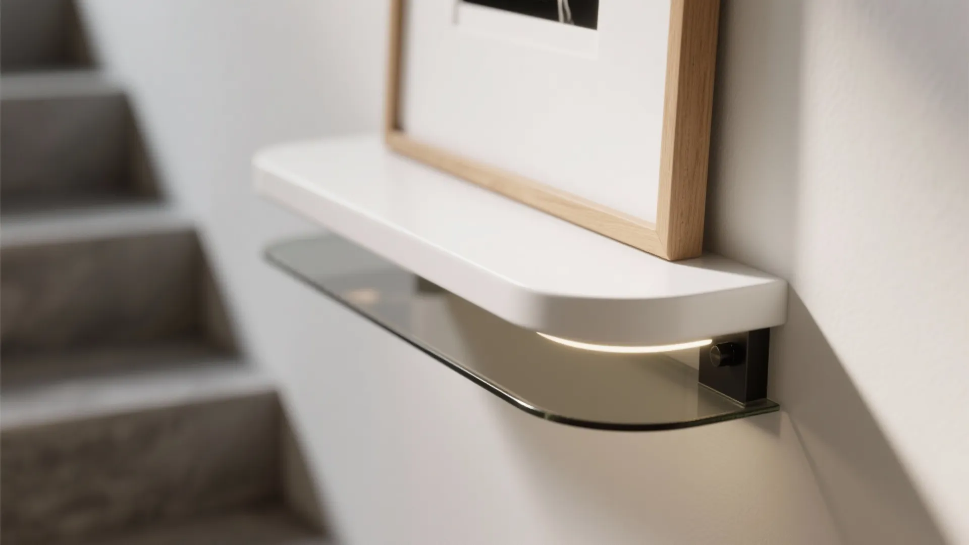 Modern white wall shelf with glass layer and light fixture holding a wooden picture frame