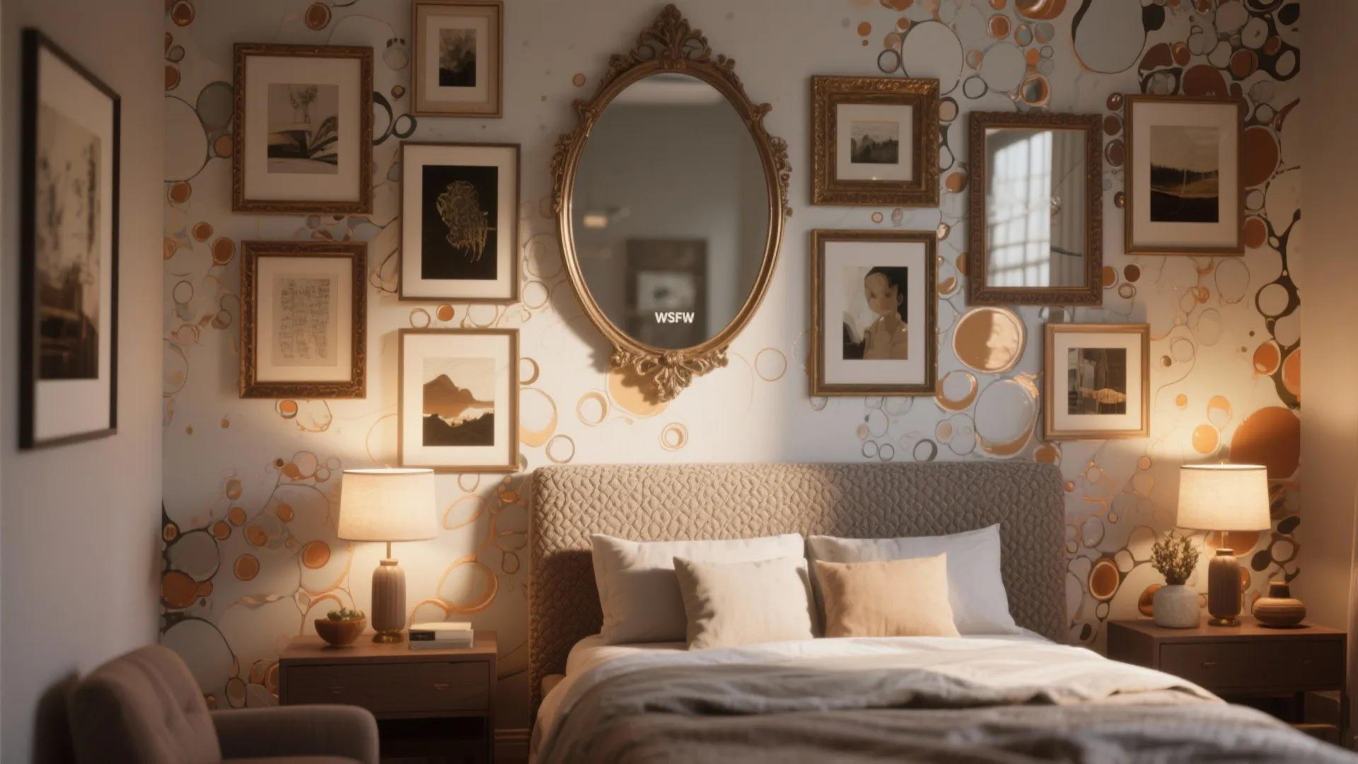 Gallery wall in bedroom with several framed pictures and a gold mirror above the bed