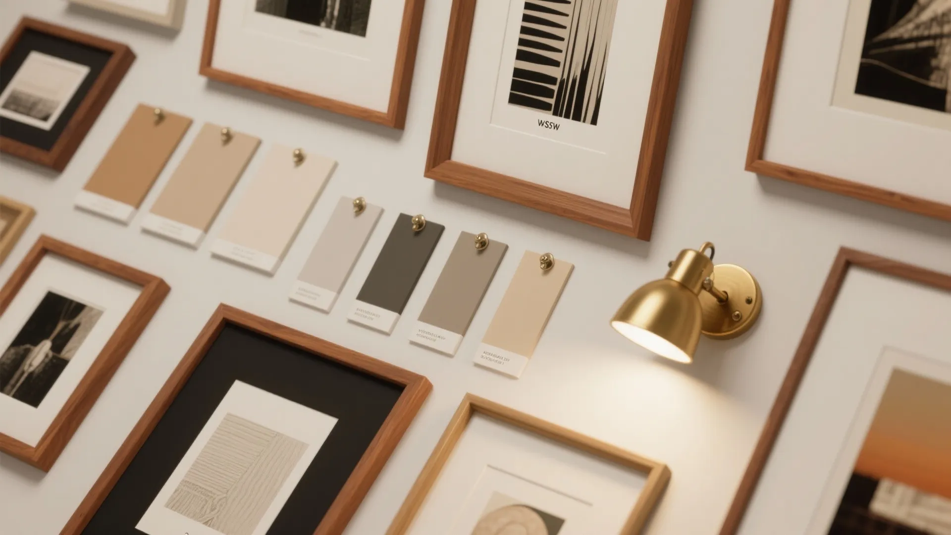 Gallery wall displaying wooden picture frames color swatches and a small gold brass wall light