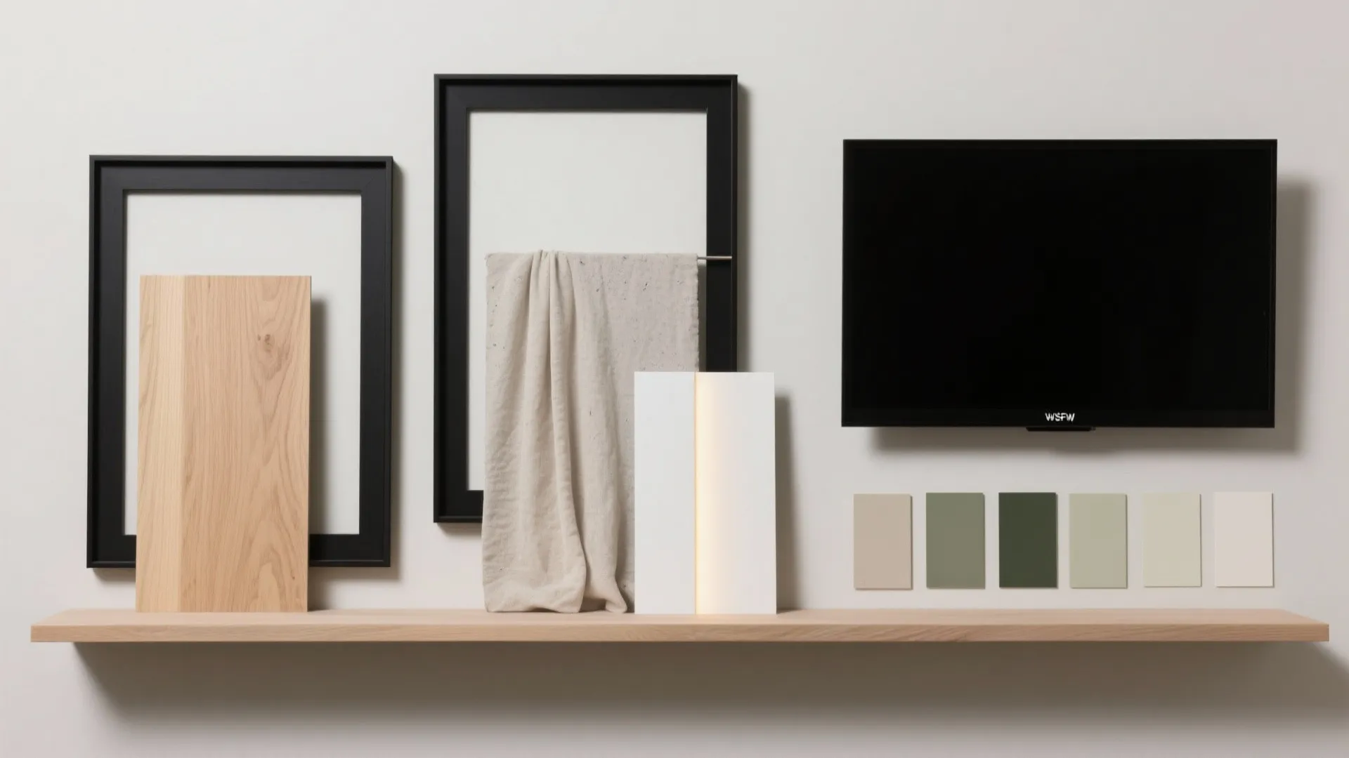 Gallery wall with media shelf and asymmetry