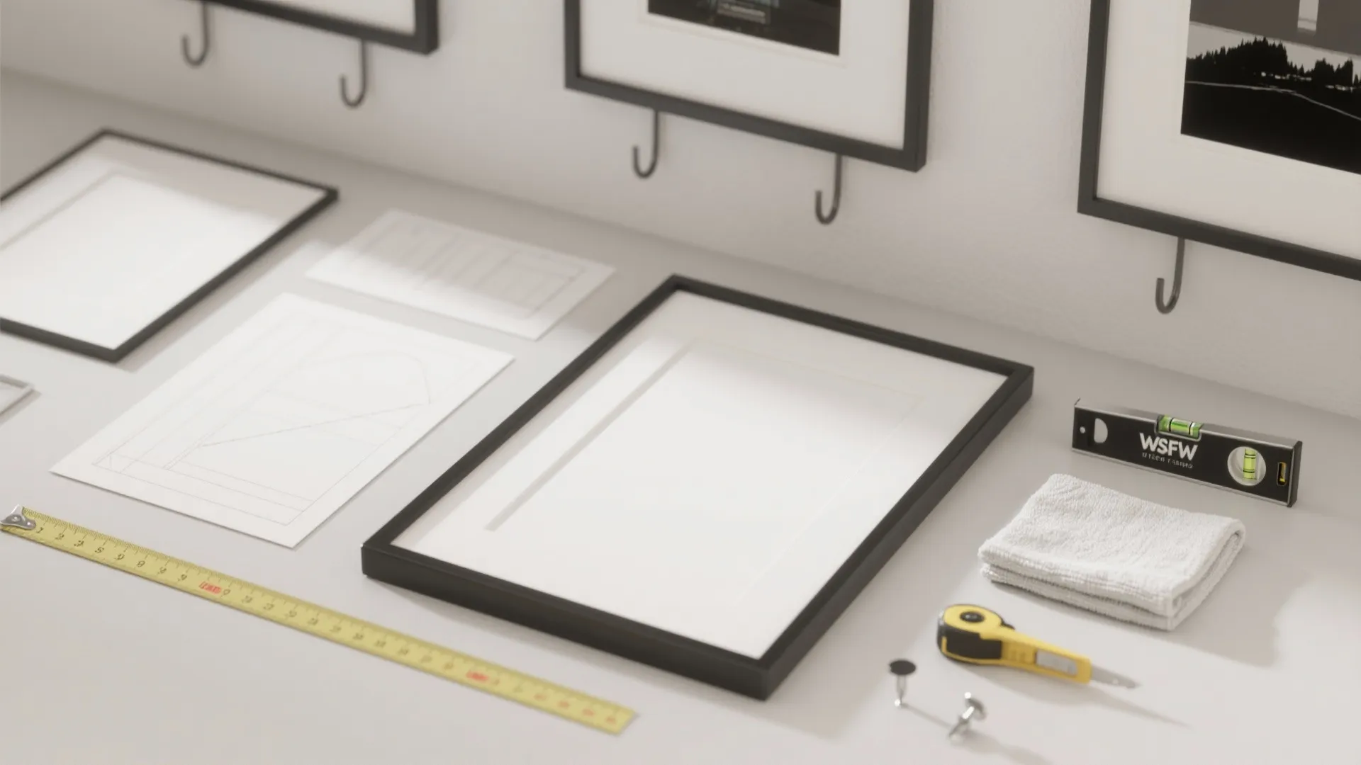 5) High-contrast gallery wall on white with slim black frames