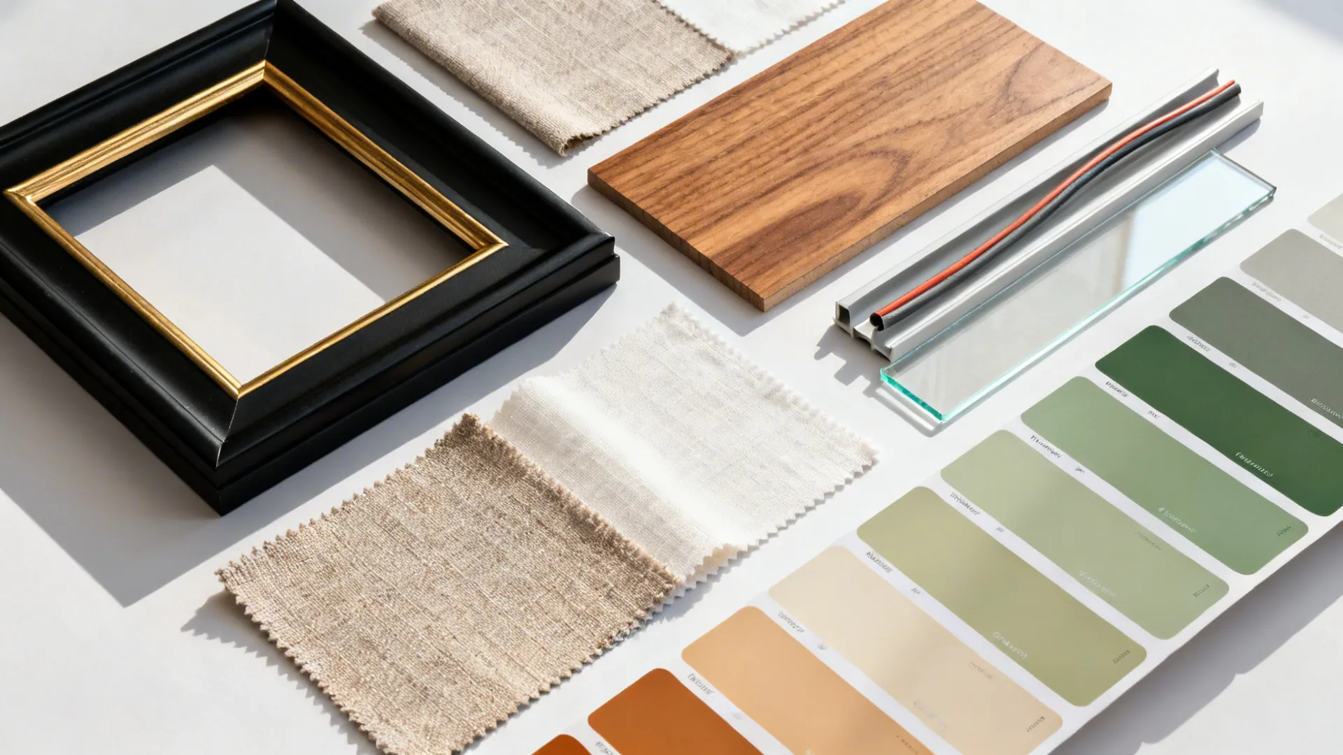 Flat lay of frames, oak veneer, fabrics, anti-glare acrylic, and neutral paint chips.