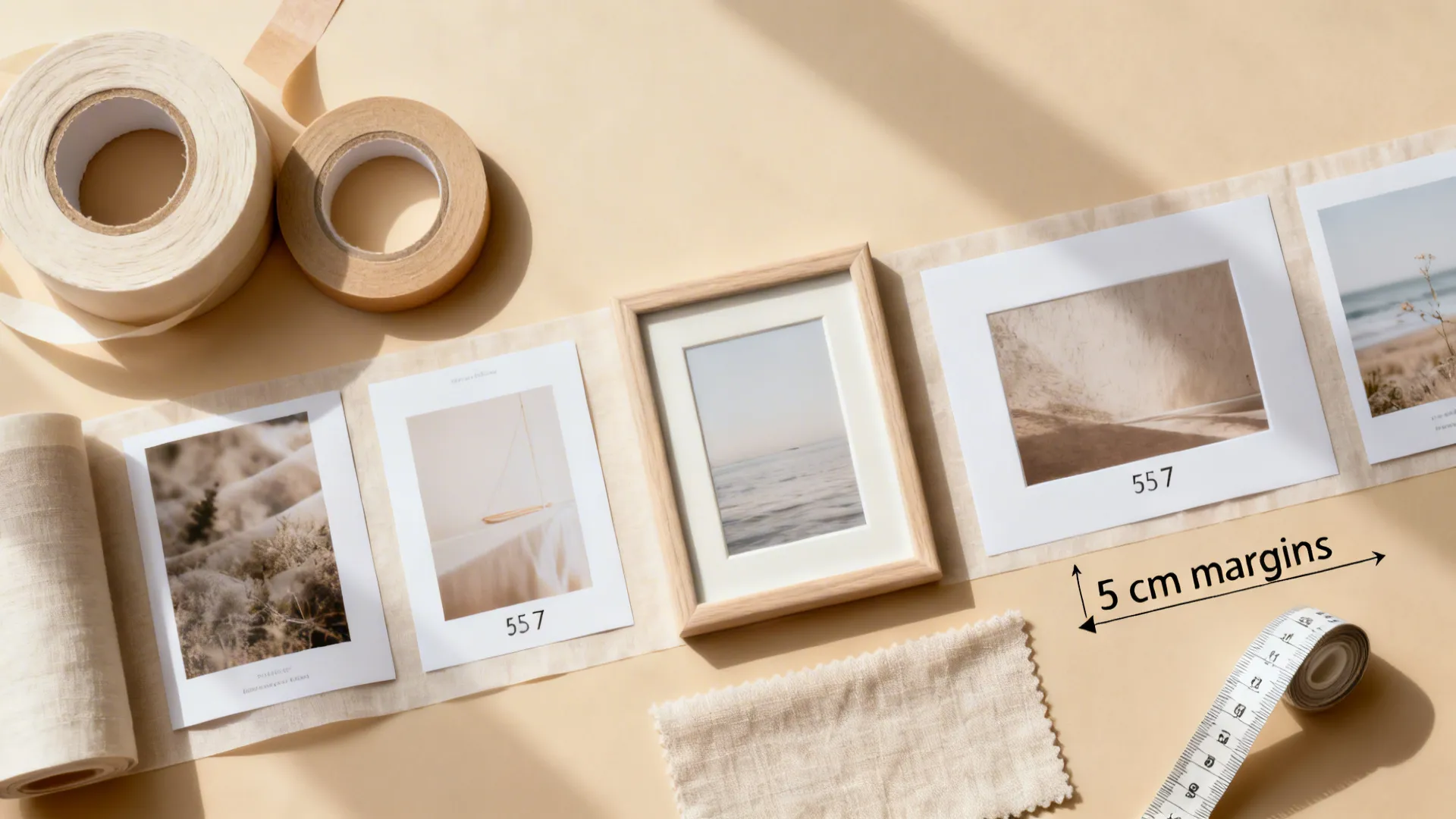 Flat lay of washi tape, lightweight frames, prints, and measuring tools for a gallery strip.