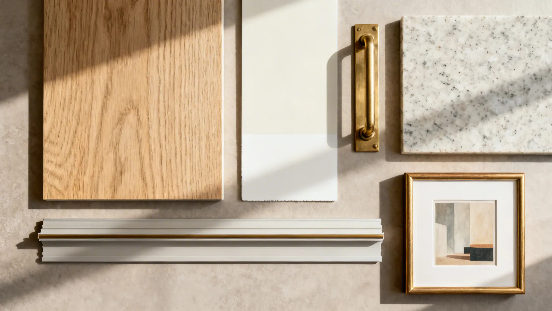 Top-down flat lay of oak, quartz, brass hardware, and picture rail samples.