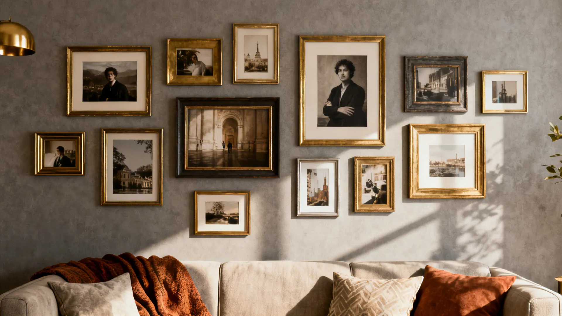 Curated gallery wall on a mid-tone grey background with mixed frames and brass accents