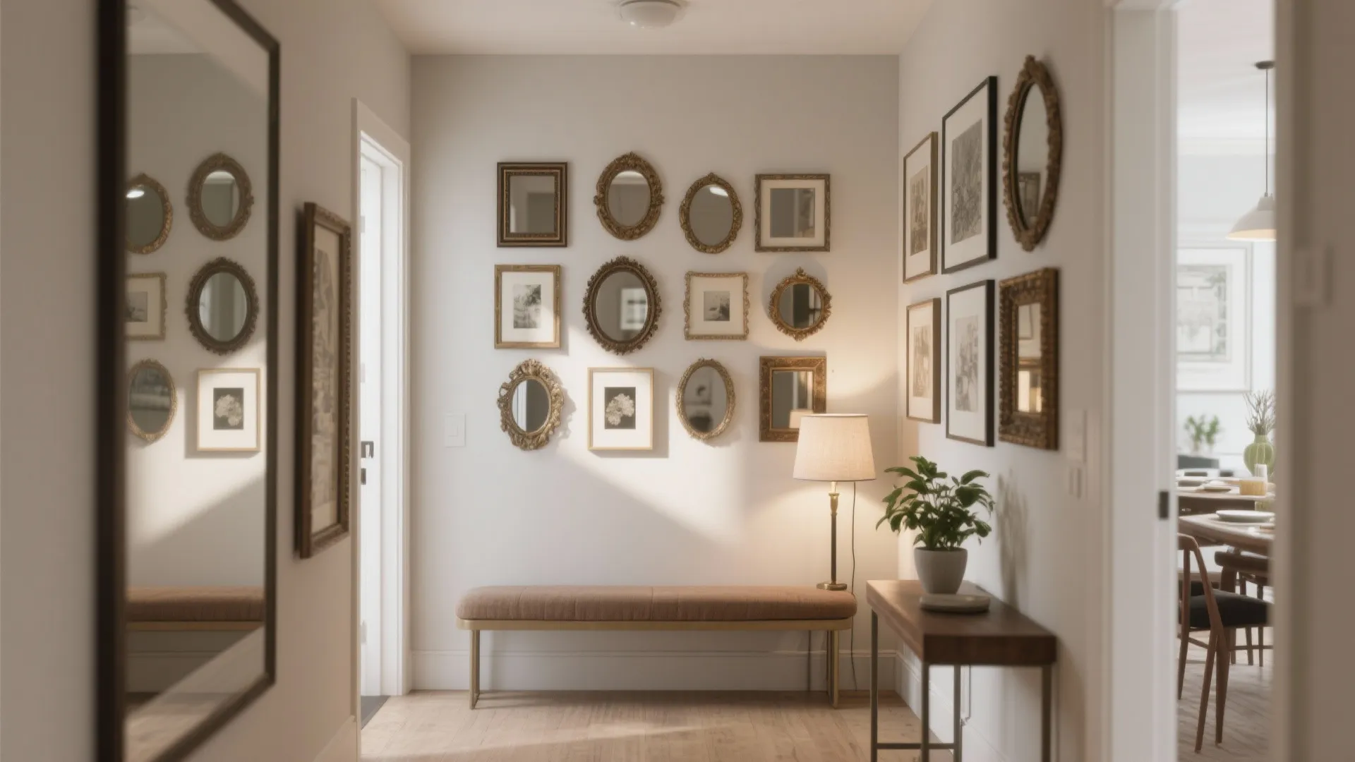 Gallery wall in a hallway with many small framed mirrors and pictures above a bench