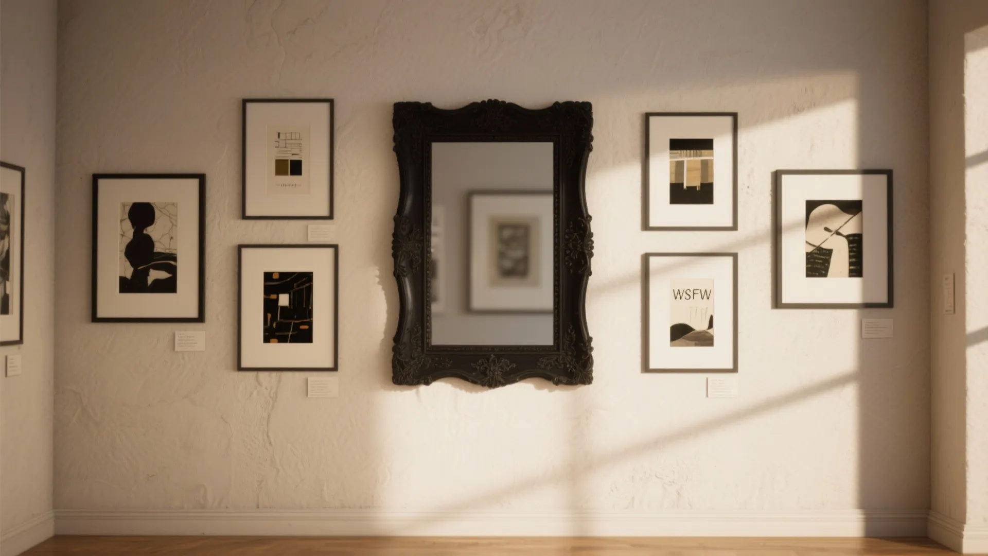 Gallery wall with a black-framed mirror as the focal centerpiece among art prints