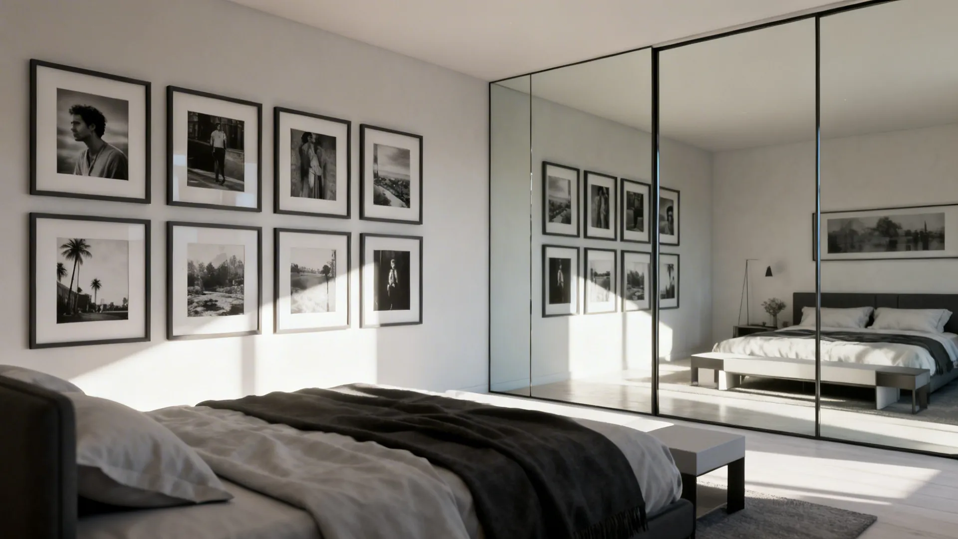 Curated black-and-white gallery wall and oversized mirror reflecting light in a bedroom