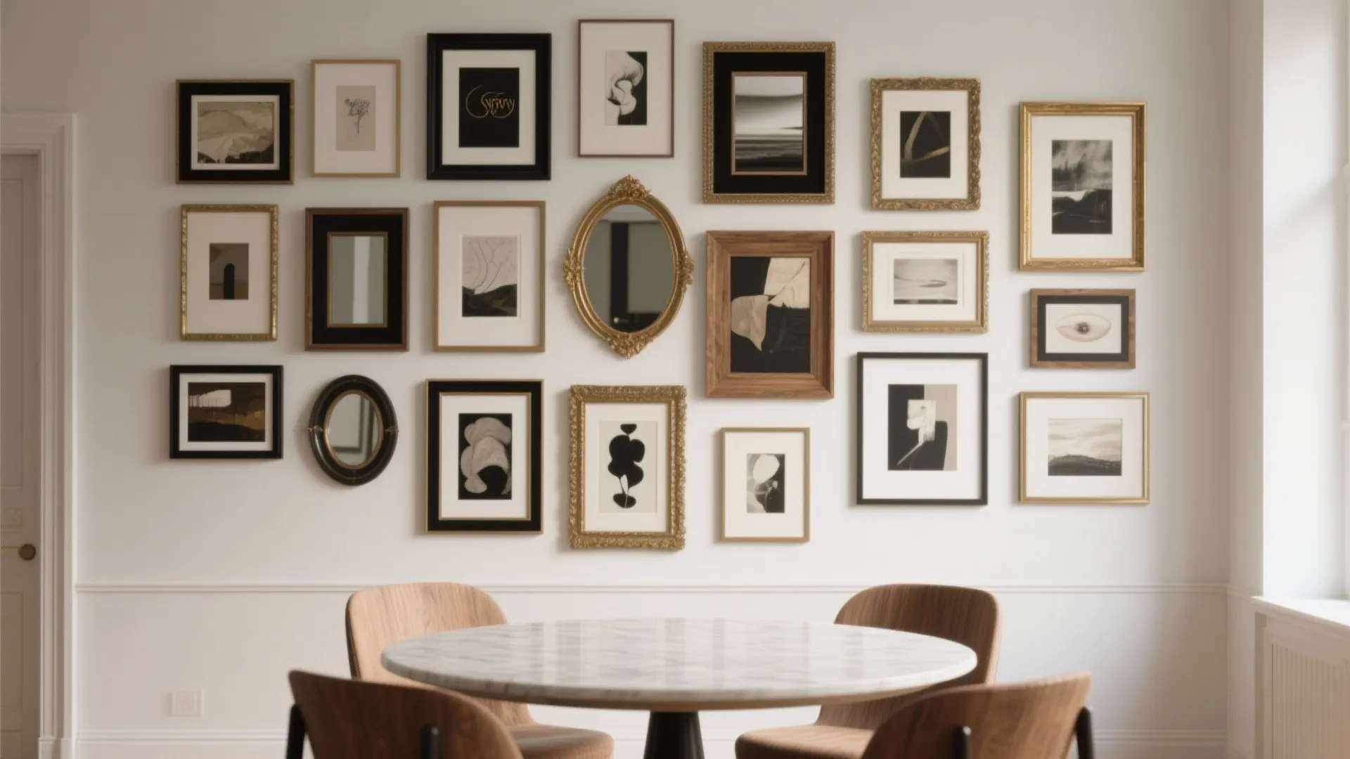 Dining wall with a gallery-style cluster of mixed mirrors and artwork adding depth and texture.