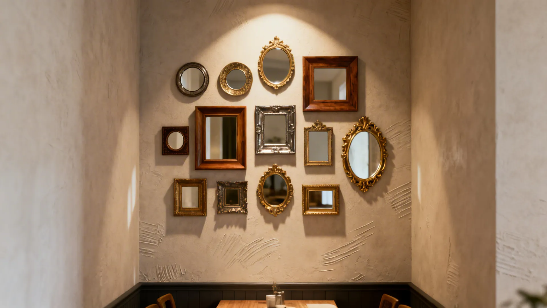 A curated cluster of small decorative mirrors in different shapes forming a focal wall in a dining nook.
