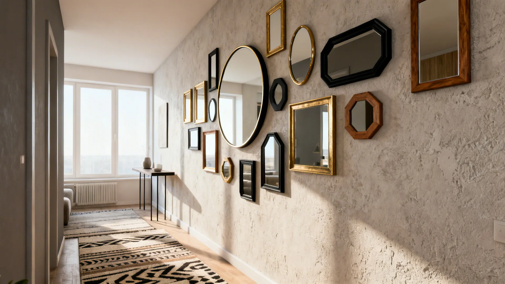 Modern hallway wall featuring many small mirrors in various geometric shapes and different colorful wooden frames