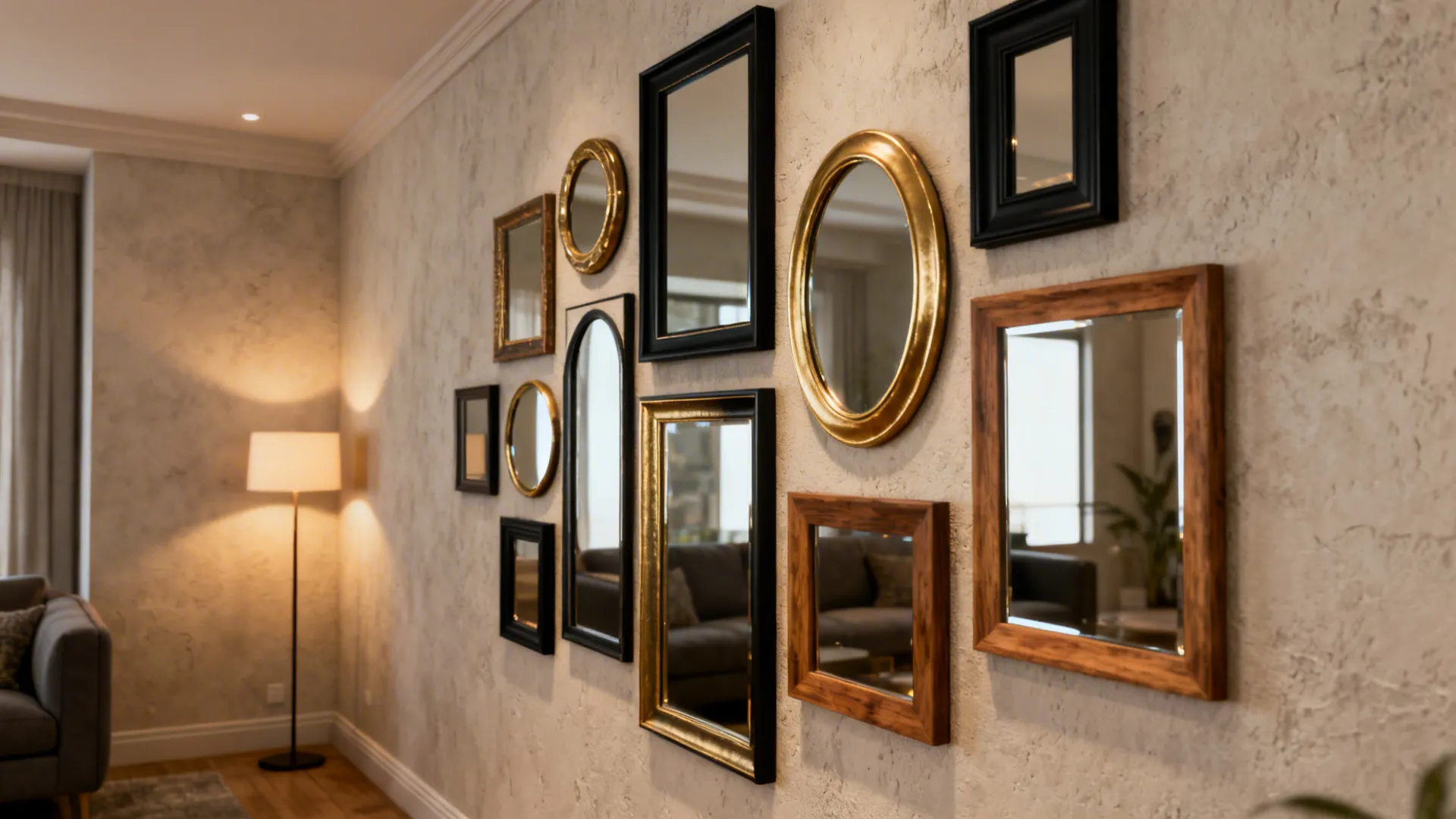 Gallery-style cluster of mismatched mirrors on a living room wall with neutral frames.
