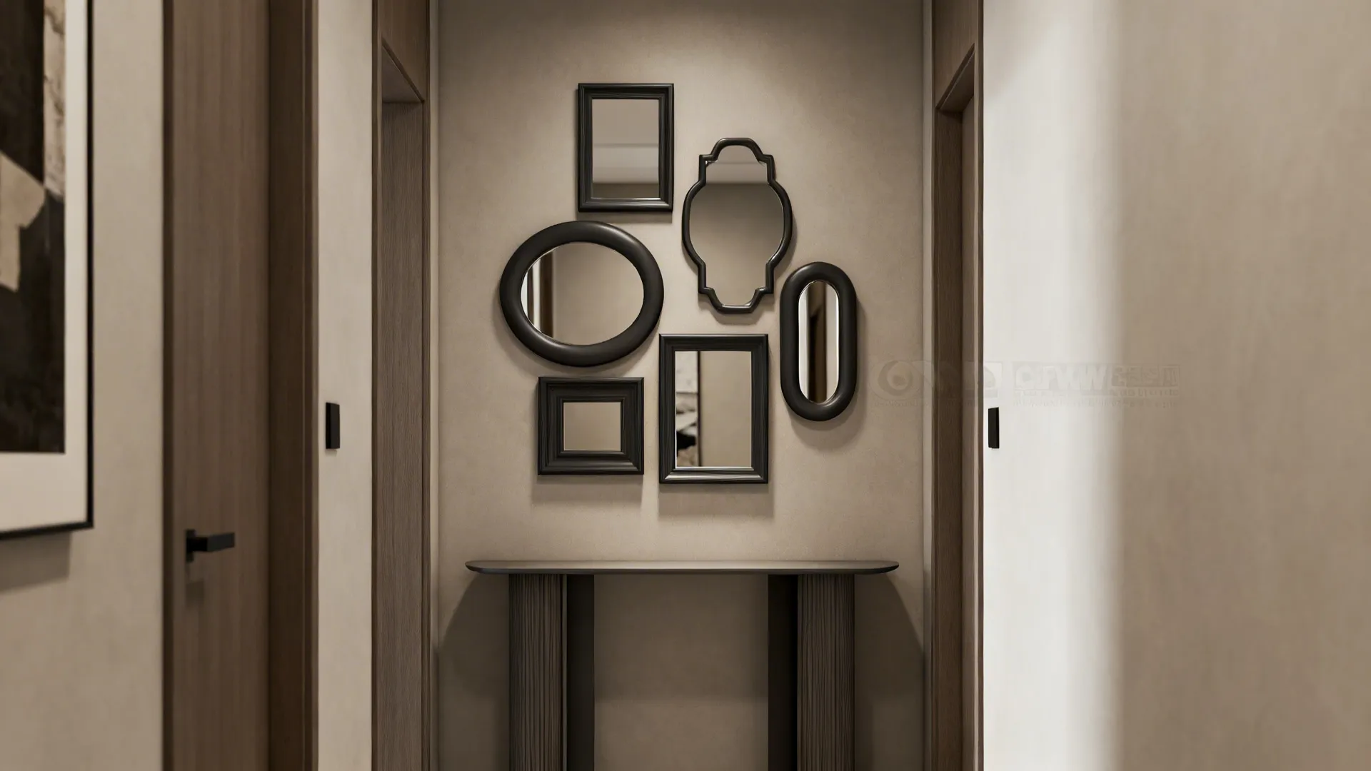 Narrow apartment wall with a gallery-style cluster of mirrors over a console