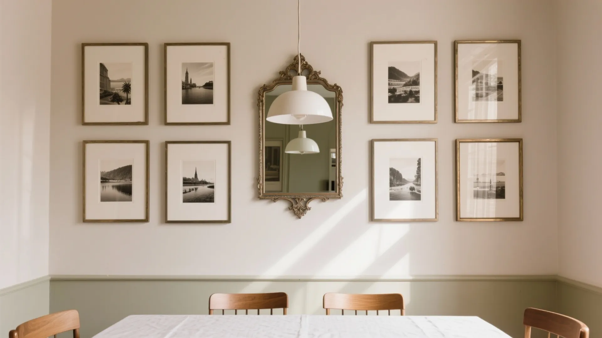 Gallery wall with layered mirrors and art