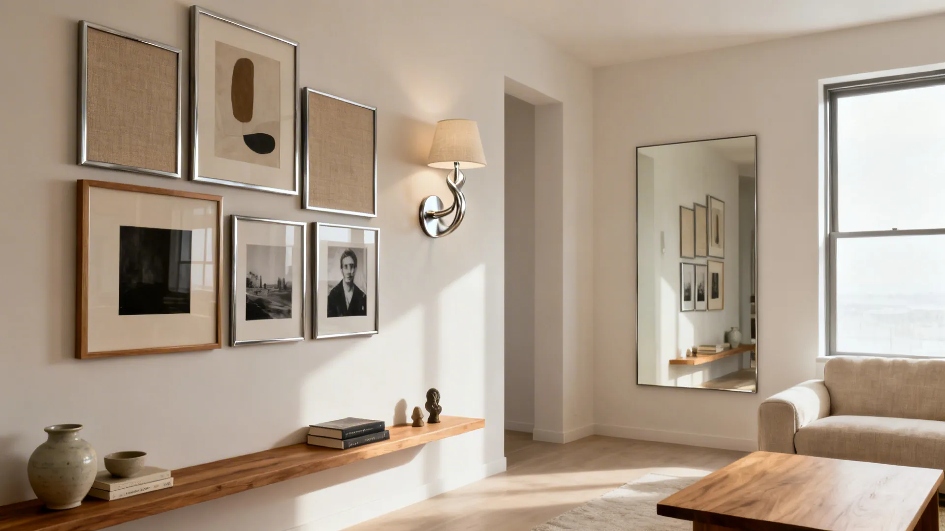 Gallery wall with a large mirror and picture ledge creating a focal point in a TV-free living room.