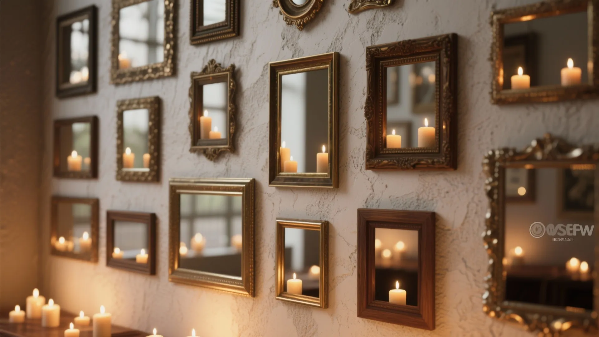 Cluster of small mismatched mirrors reflecting candlelight and adding texture to a dining wall