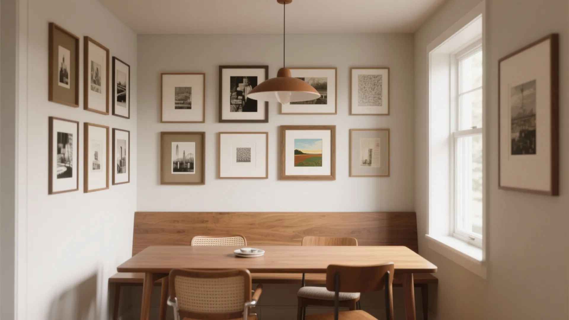 Minimalist dining room with wooden table gallery wall framed pictures ceiling light bench and chairs